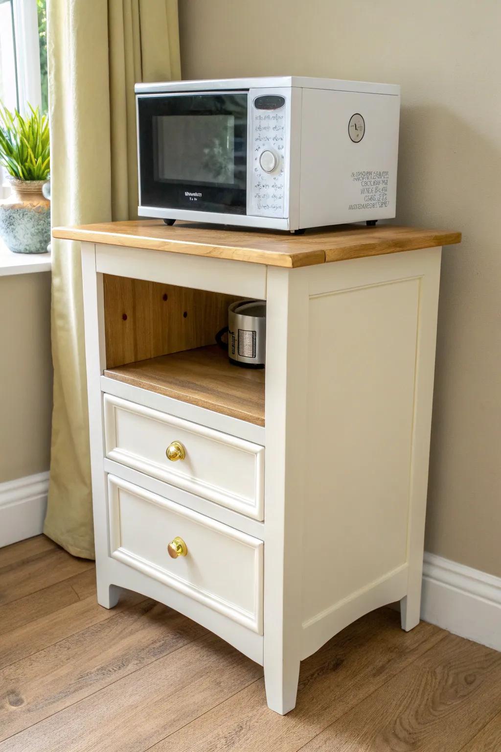 Upcycled nightstand turned microwave stand—matte paint, warm wood grain, and brass hardware.