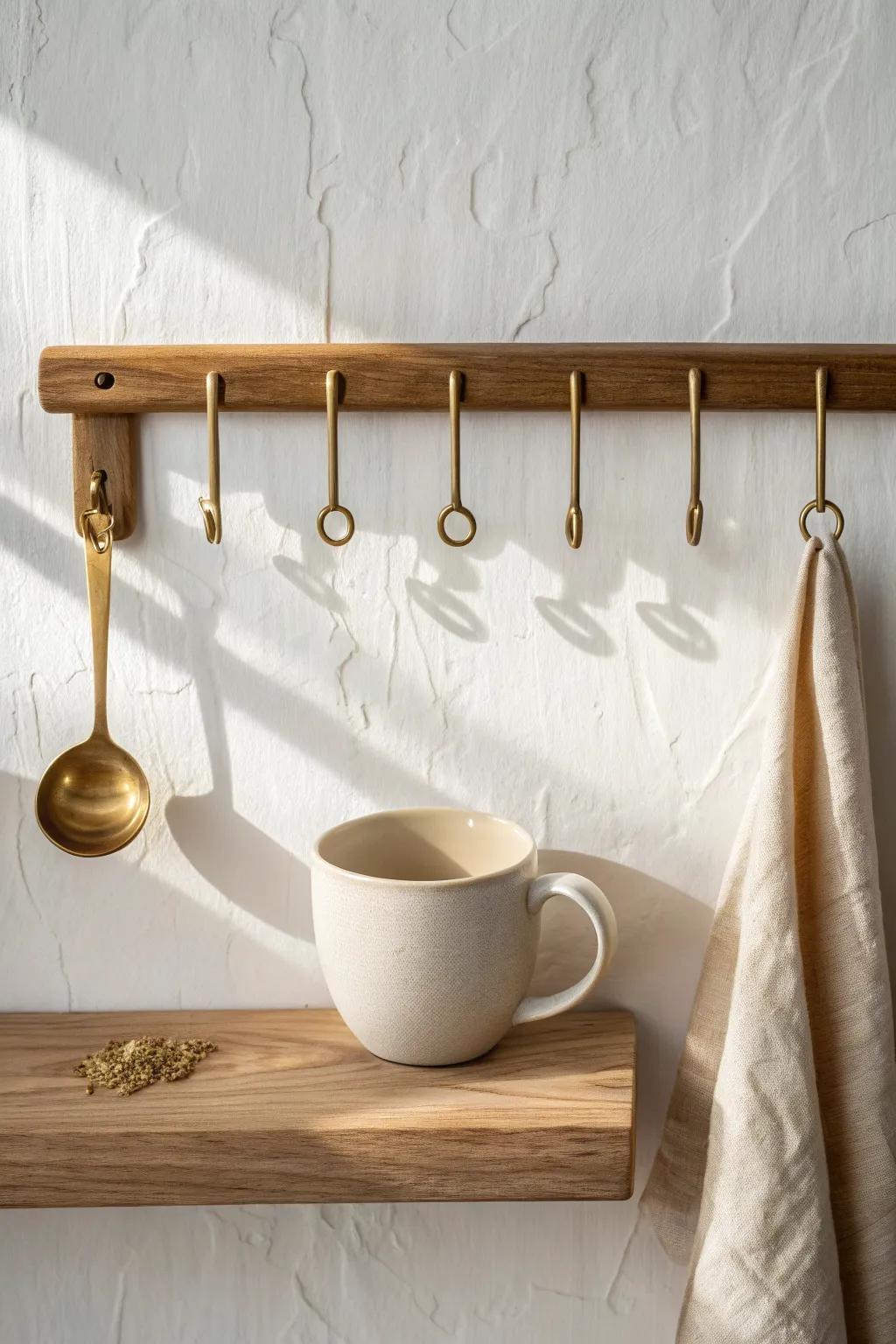 A sleek brass rail keeps mugs and tools close—mid-century style for a calm, minimalist coffee bar.