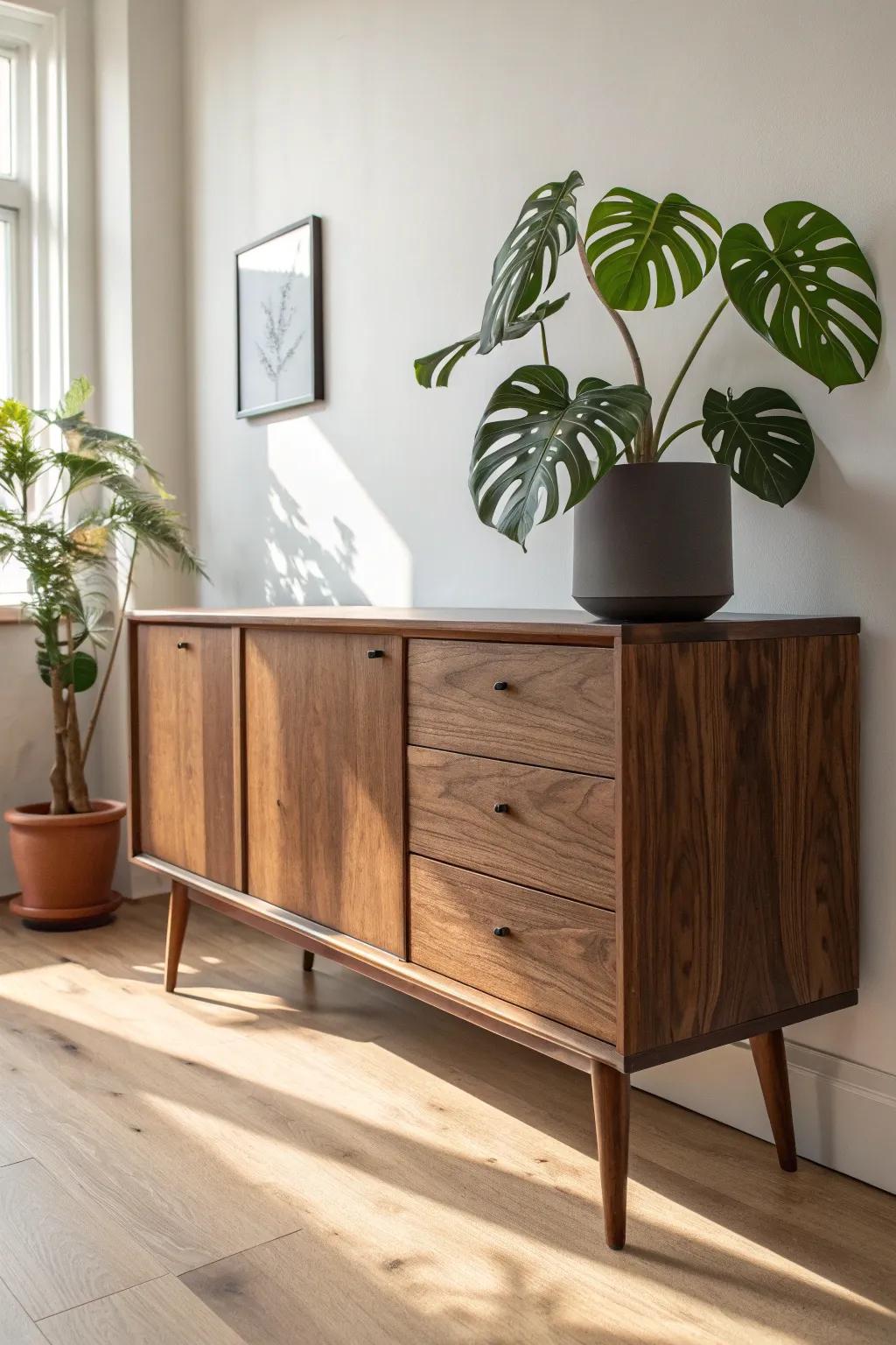 Leafy monstera + walnut sideboard: the easiest way to soften mid‑century lines with light.