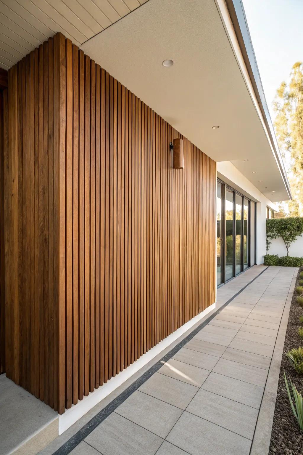 Vertical walnut slat wall = instant mid‑century entryway texture—warm, clean, and clutter‑free.