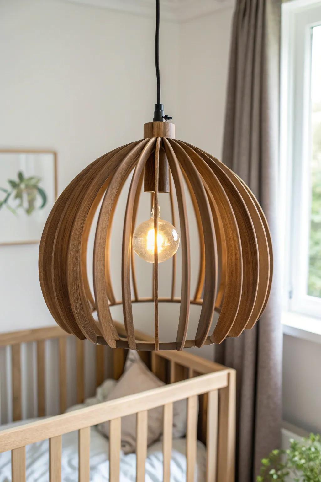 A sculptural wooden pendant adds mid-century warmth to a minimalist, boho-inspired nursery.