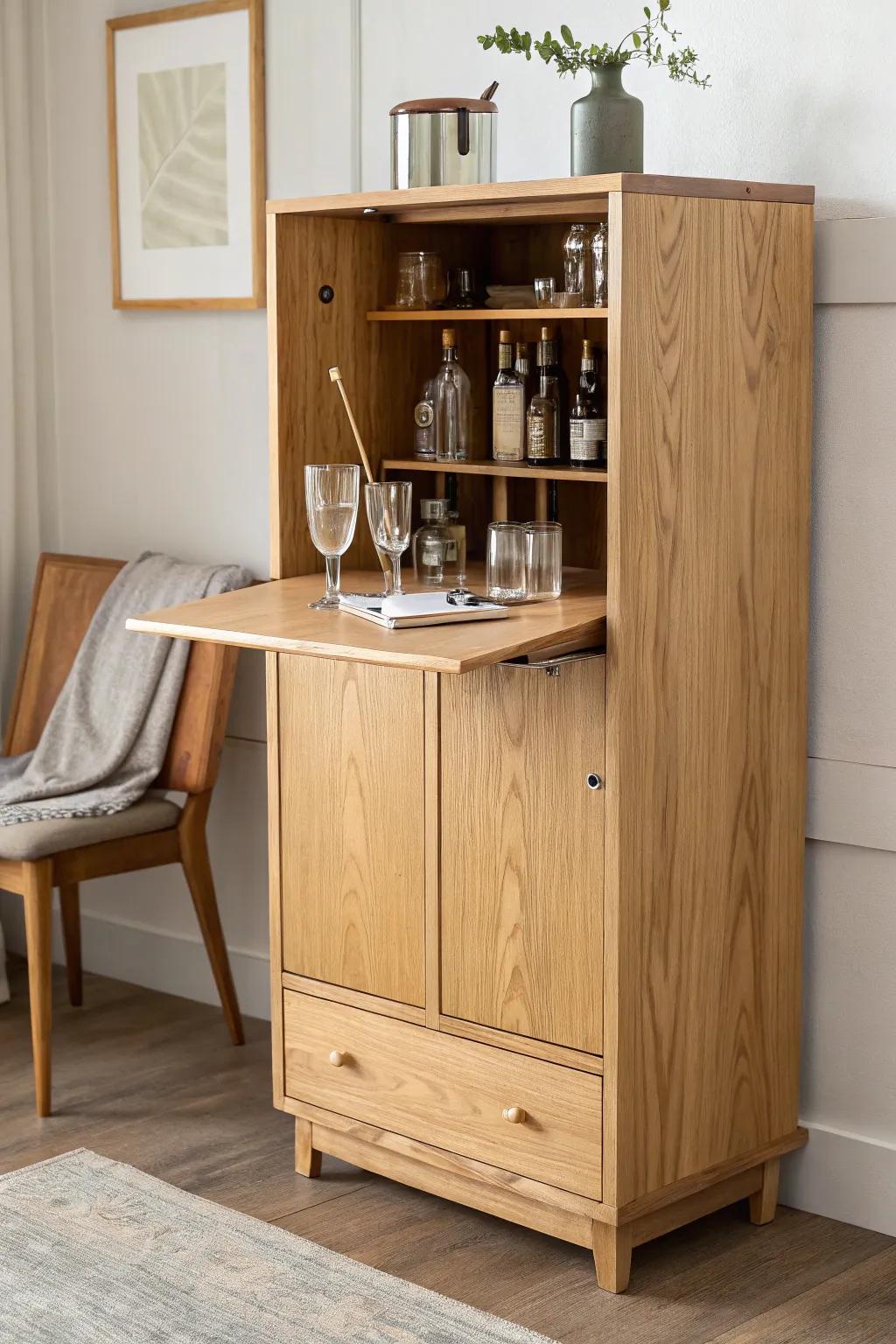 Secretary-style fold-down mini bar cabinet with a sleek prep station and tidy bottle cubbies.