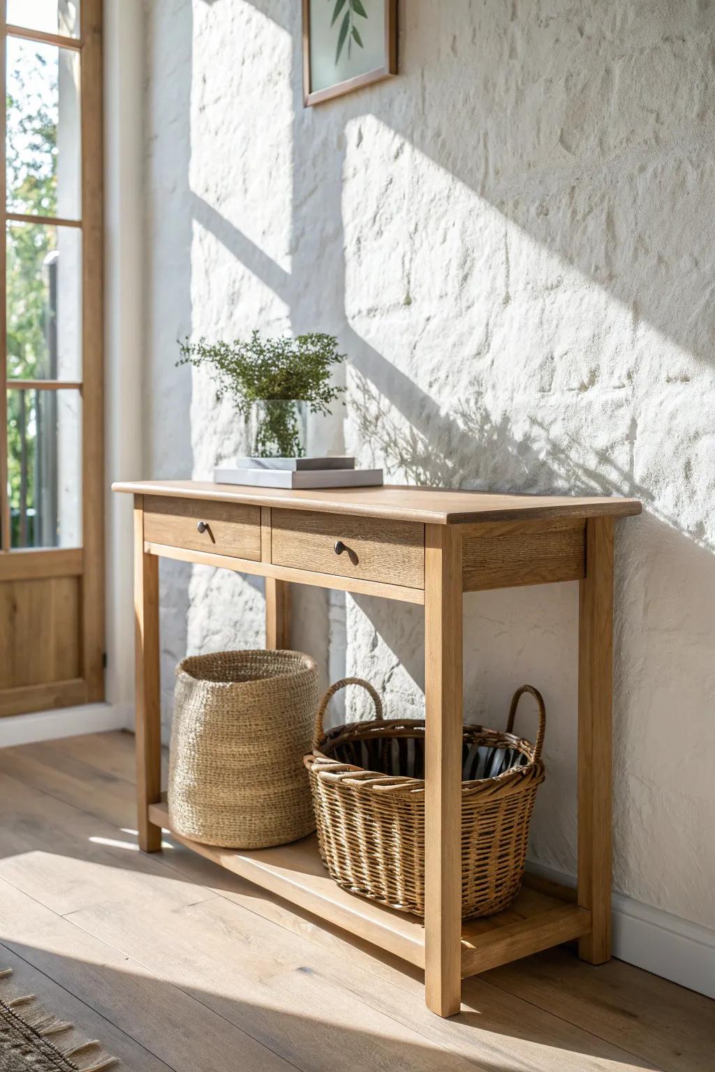 One woven basket below a clean oak console adds hidden texture and keeps clutter out of sight.