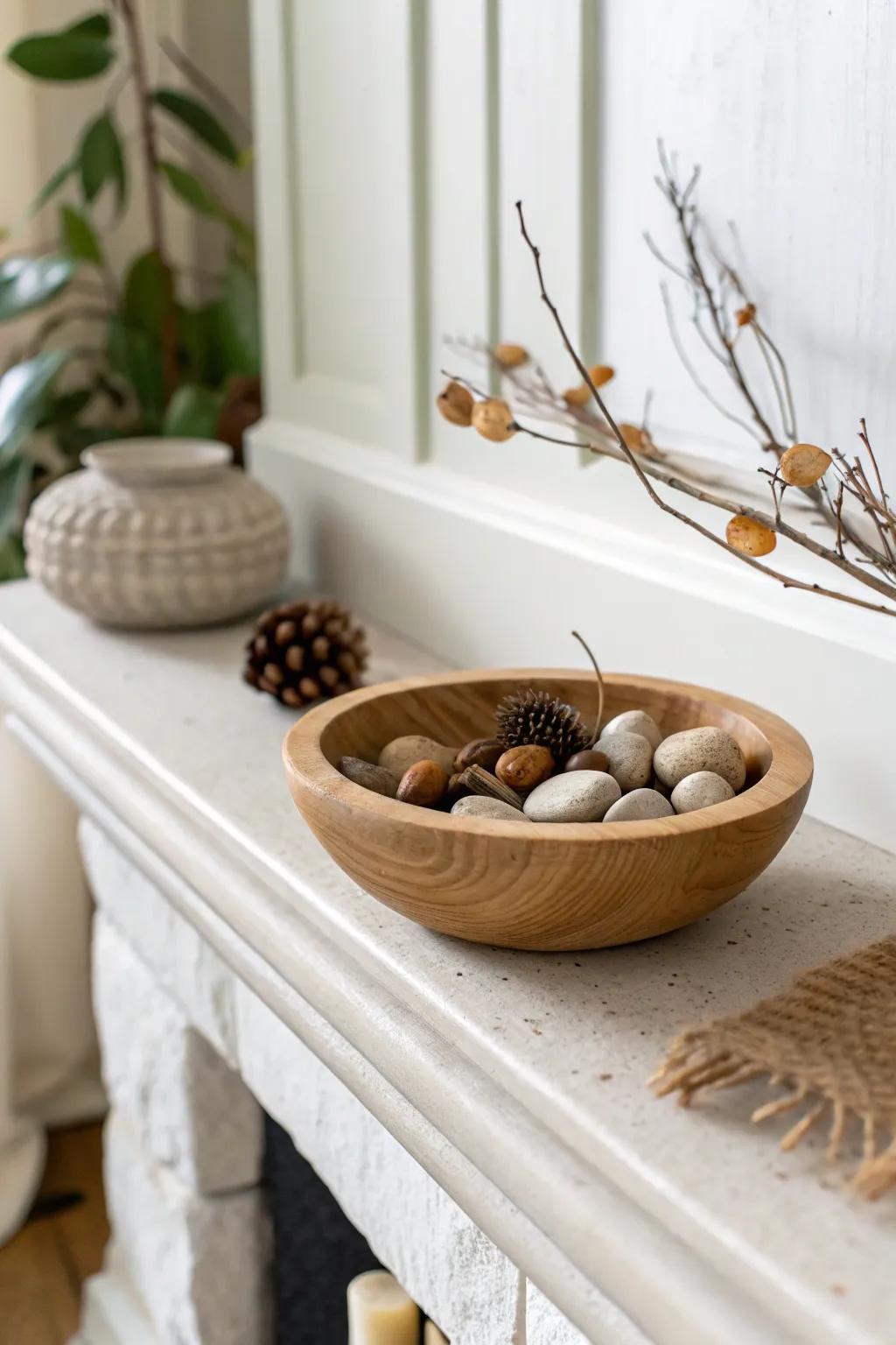 One low wooden bowl adds quiet texture to a minimalist mantel—natural, calm, and crafted.