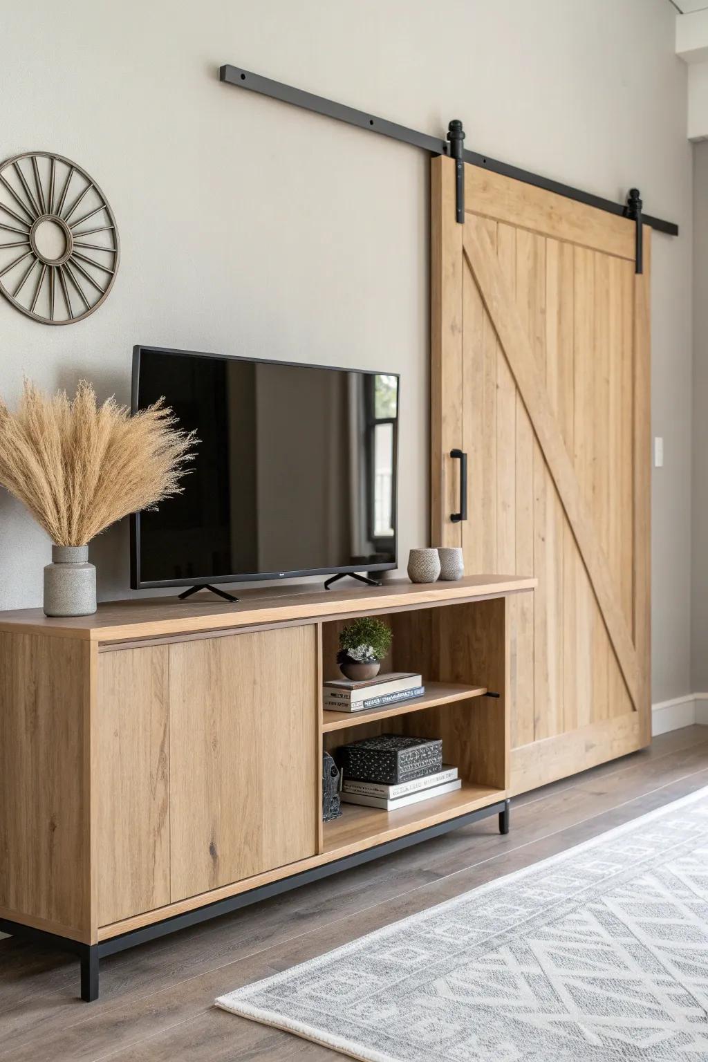 Modern farmhouse, minimalist TV stand with a single sliding panel—rustic warmth, clean lines.