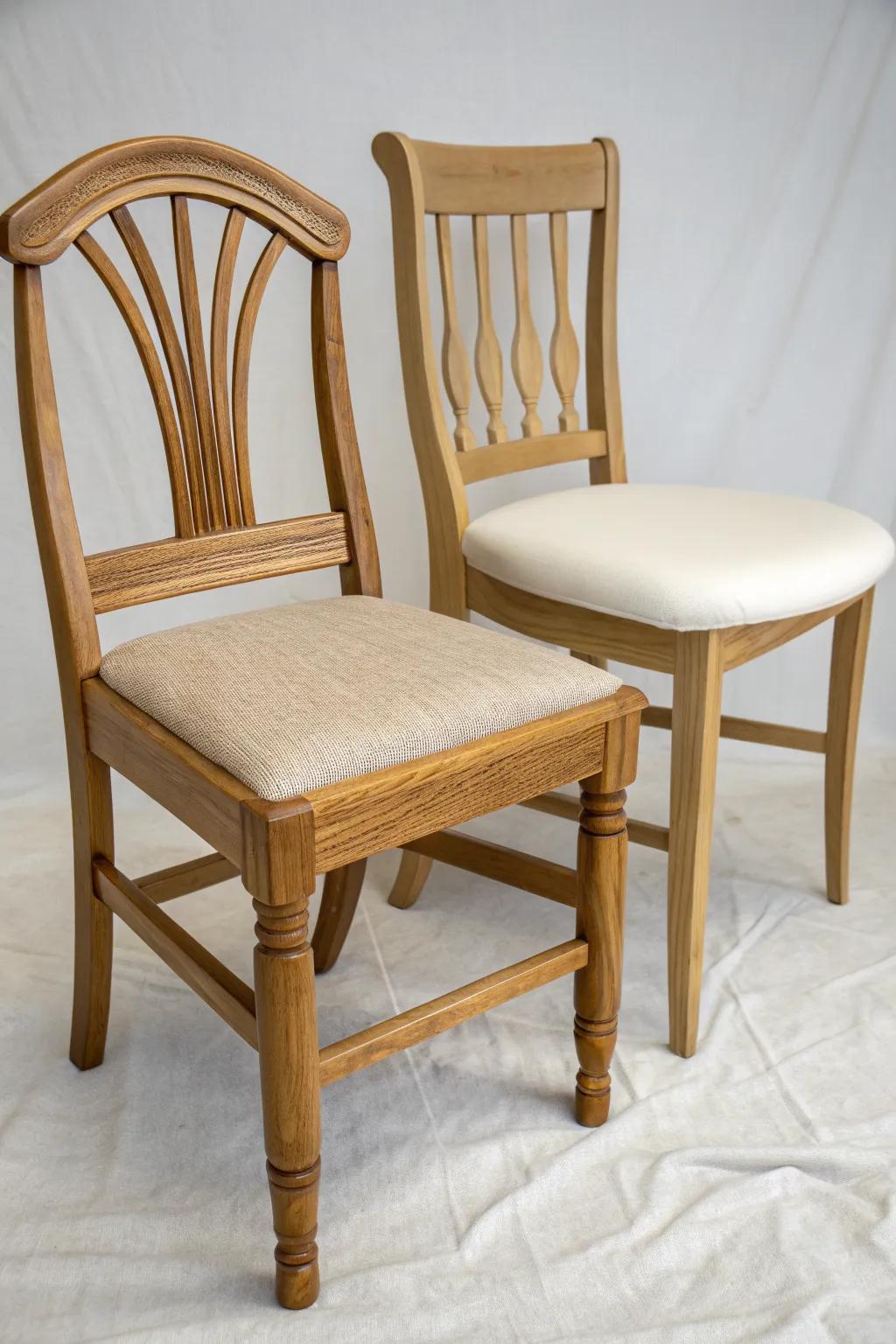 Vintage curves meet modern lines—mismatched chairs that look intentional and beautifully balanced.