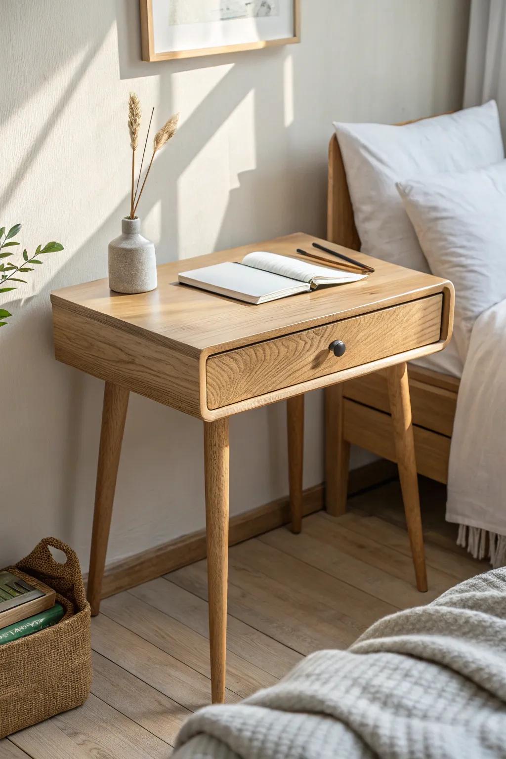 Swap one nightstand for a small oak desk—extra surface for journaling without clutter.
