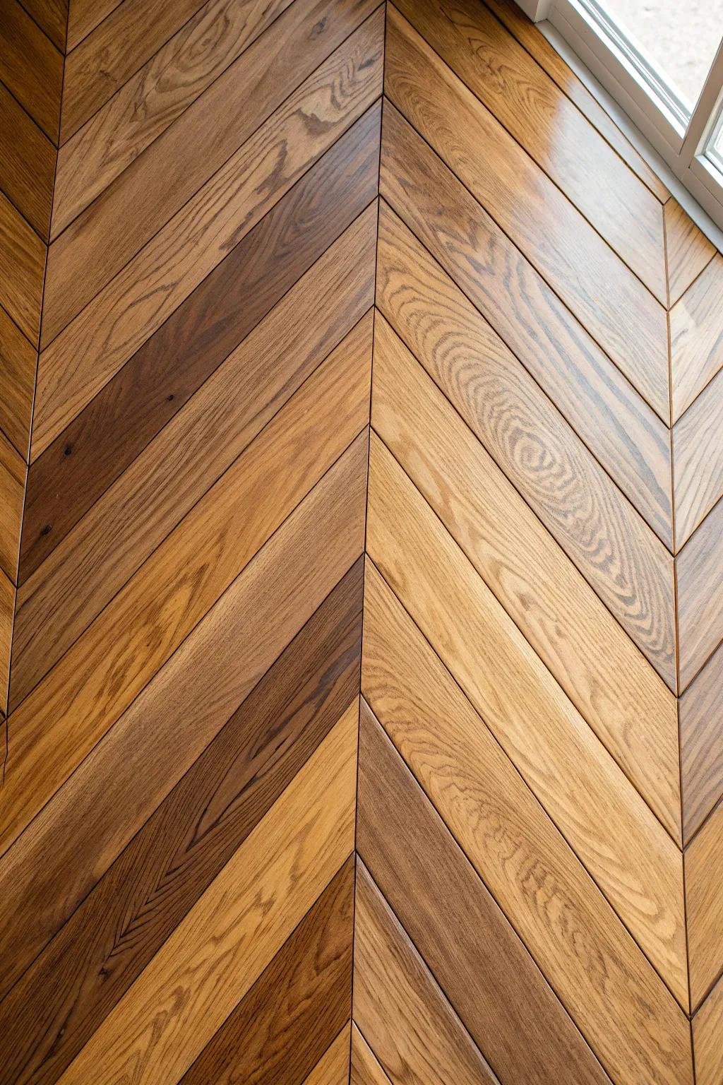 Two-tone chevron hardwood—complementary warm stains for hallway drama without noise.