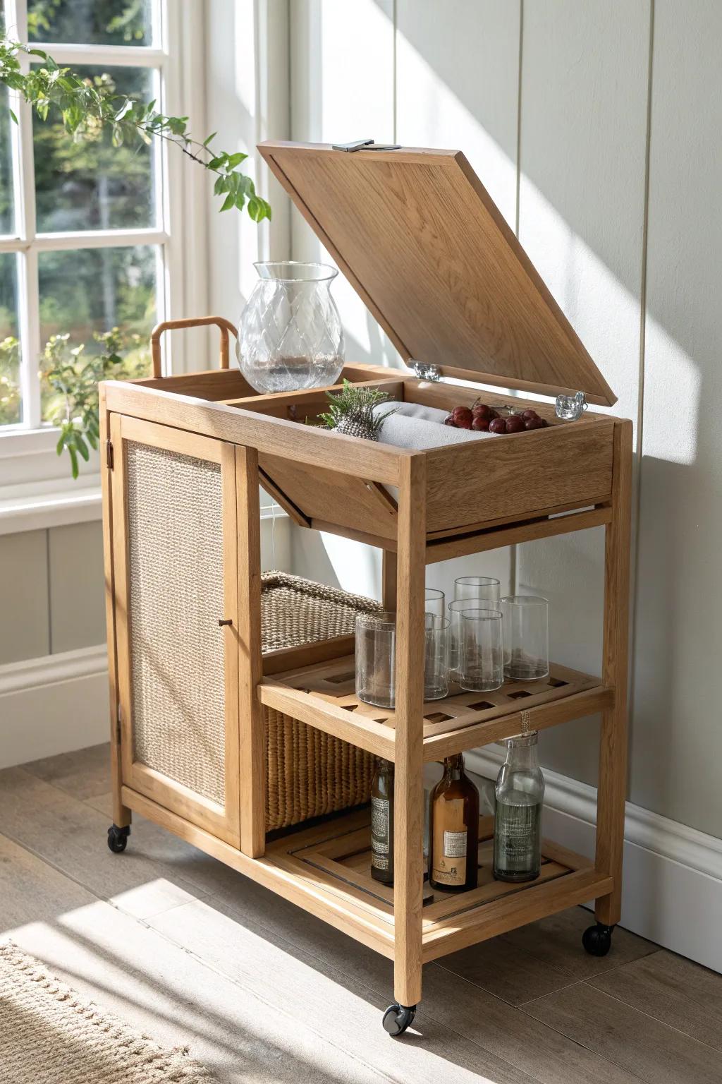 Flip-top mobile bar: extra prep space when open, slim and storage-ready when closed.