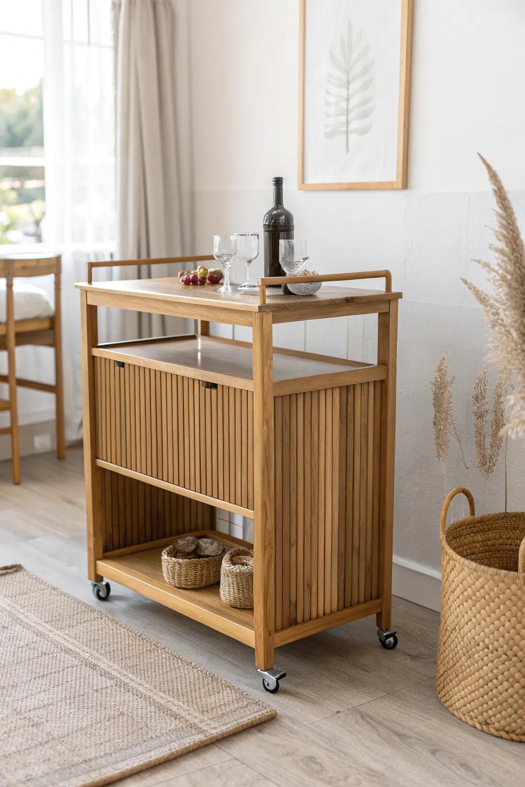 Warm stained slatted-front mobile bar—minimalist, portable, and made for golden-hour glow.