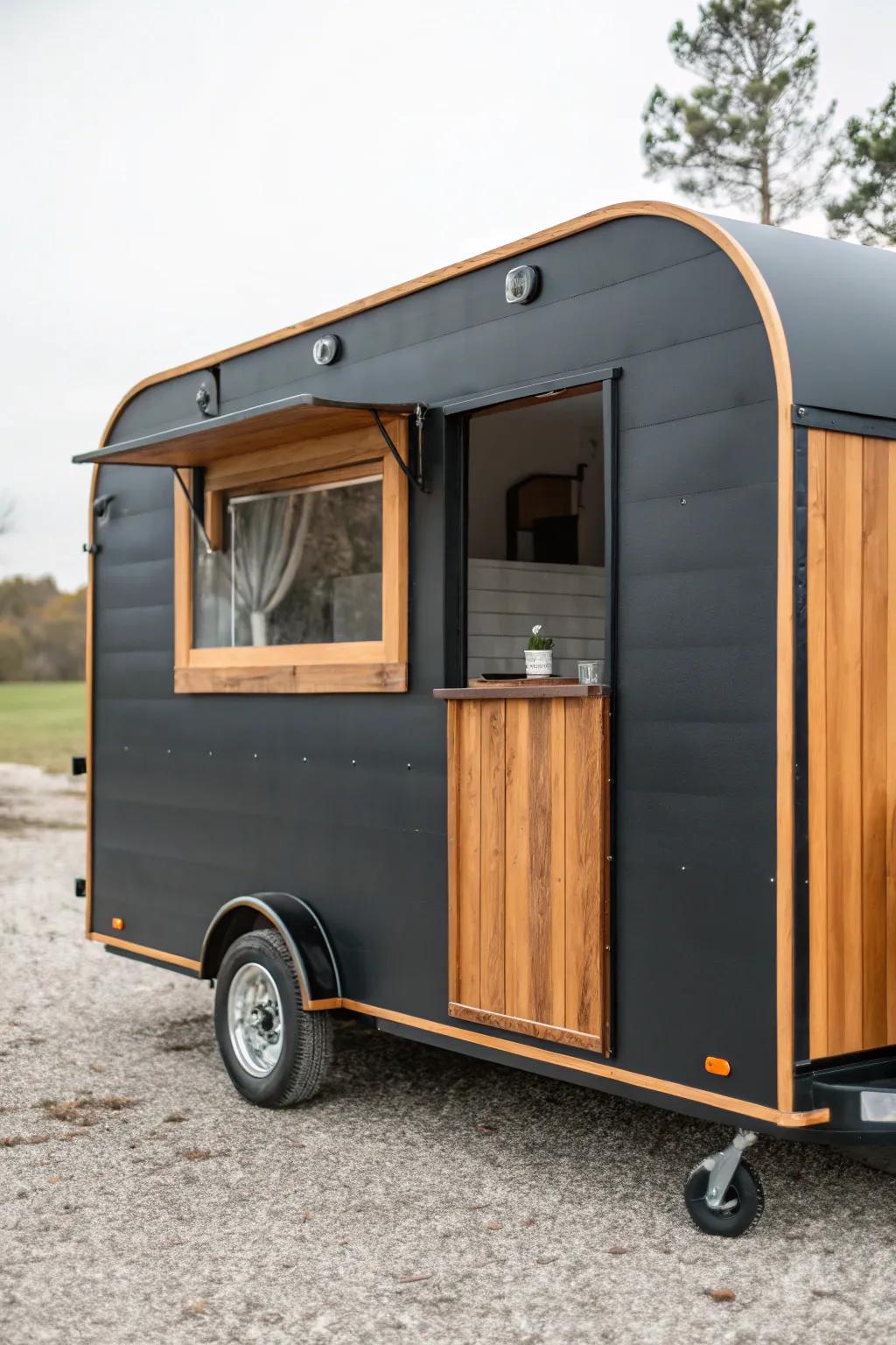 Matte charcoal bar trailer with warm wood trim—minimal, modern, and instantly refreshed.
