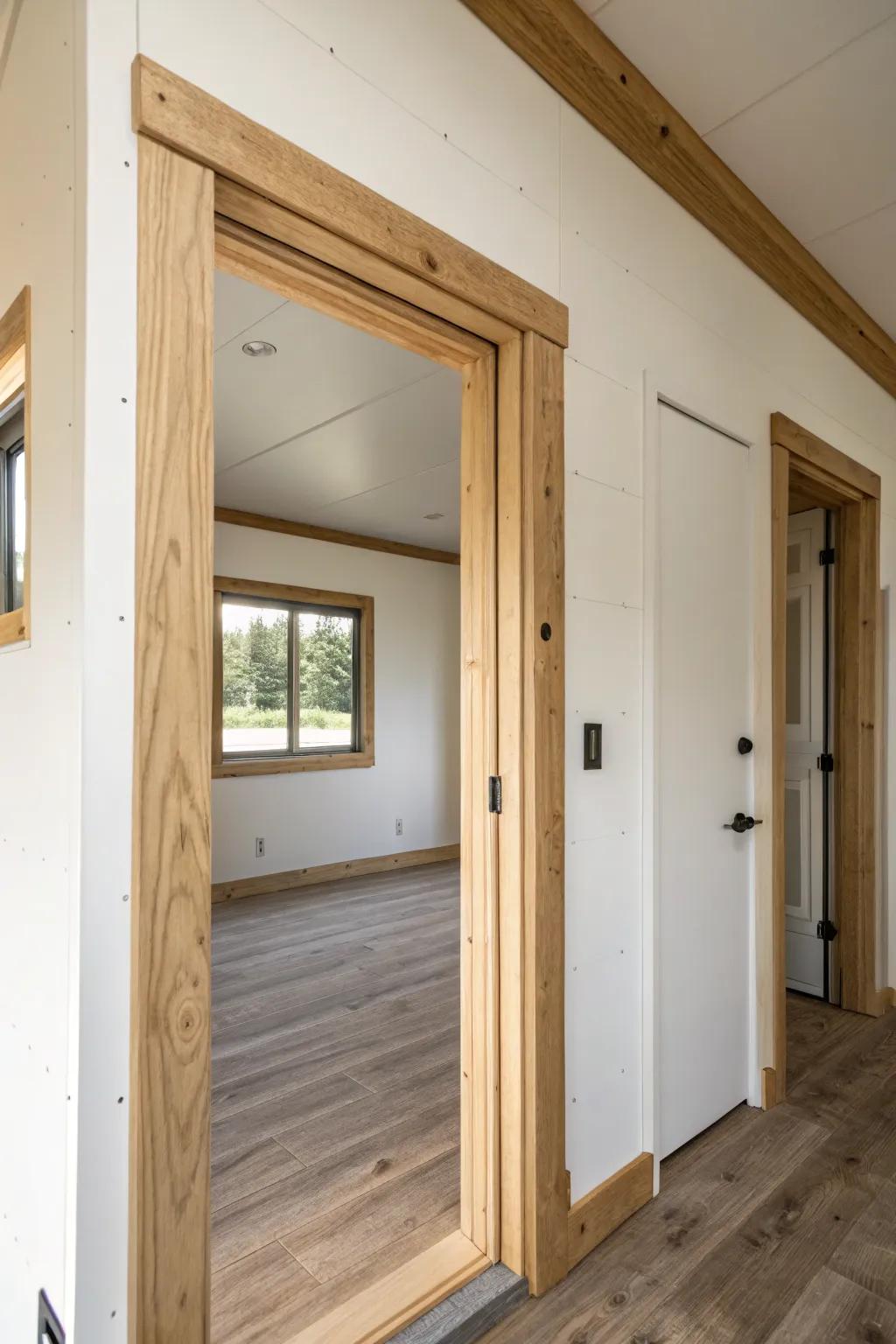 Square up an old mobile-home arch with crisp drywall returns and warm wood casing.