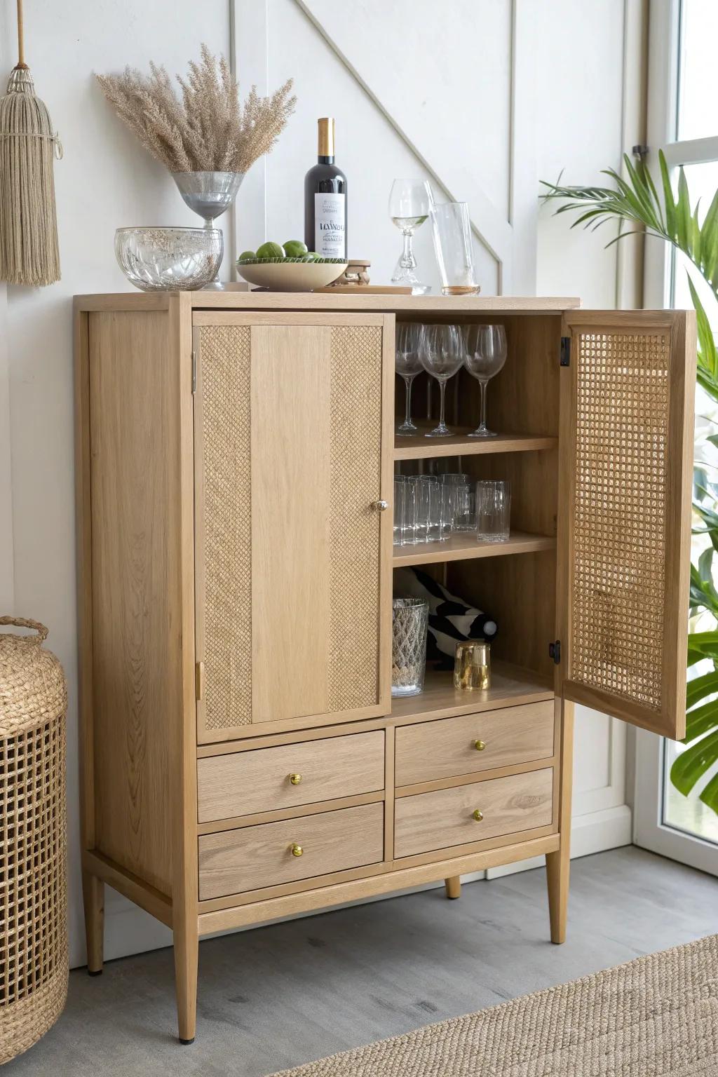 Light oak bar cabinet with a pull-out prep shelf—extra mixing space, zero extra footprint.