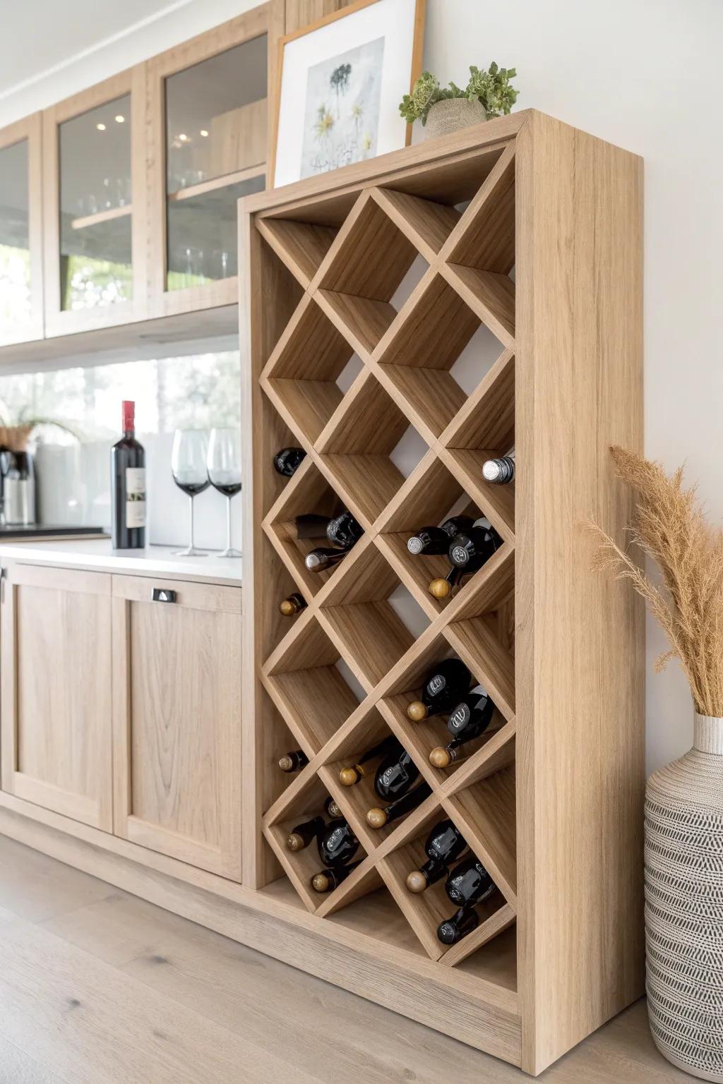 Architectural built-in wine grid storage—clean plywood squares that feel custom and calm.