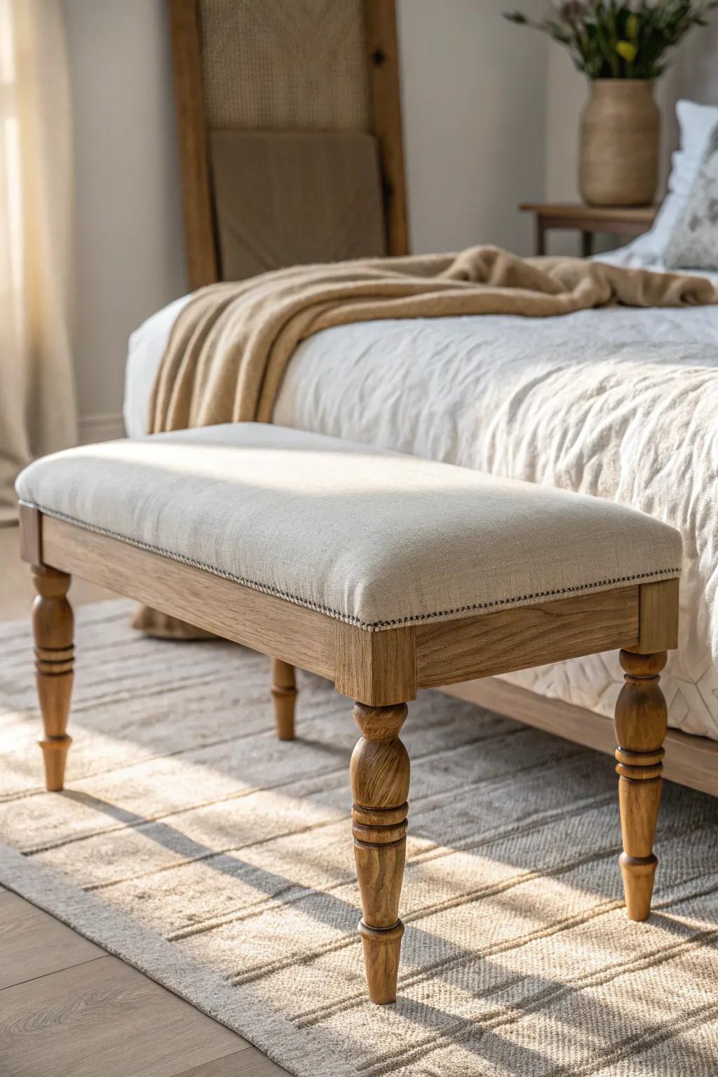 Matte spindle legs + a clean plank seat—modern craft that elevates the foot of the bed.