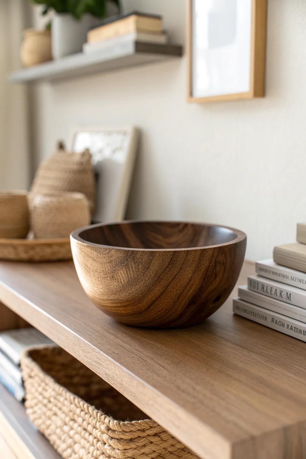 A sculptural walnut bowl adds modern warmth to built-ins—leave space for a calm, cozy look.