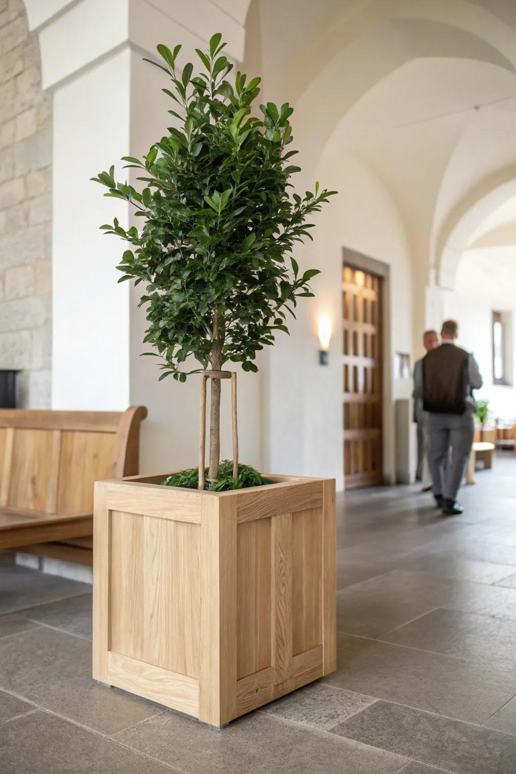 Modern church foyer warmth: a handcrafted oak planter box with lush greens, sealed to last.