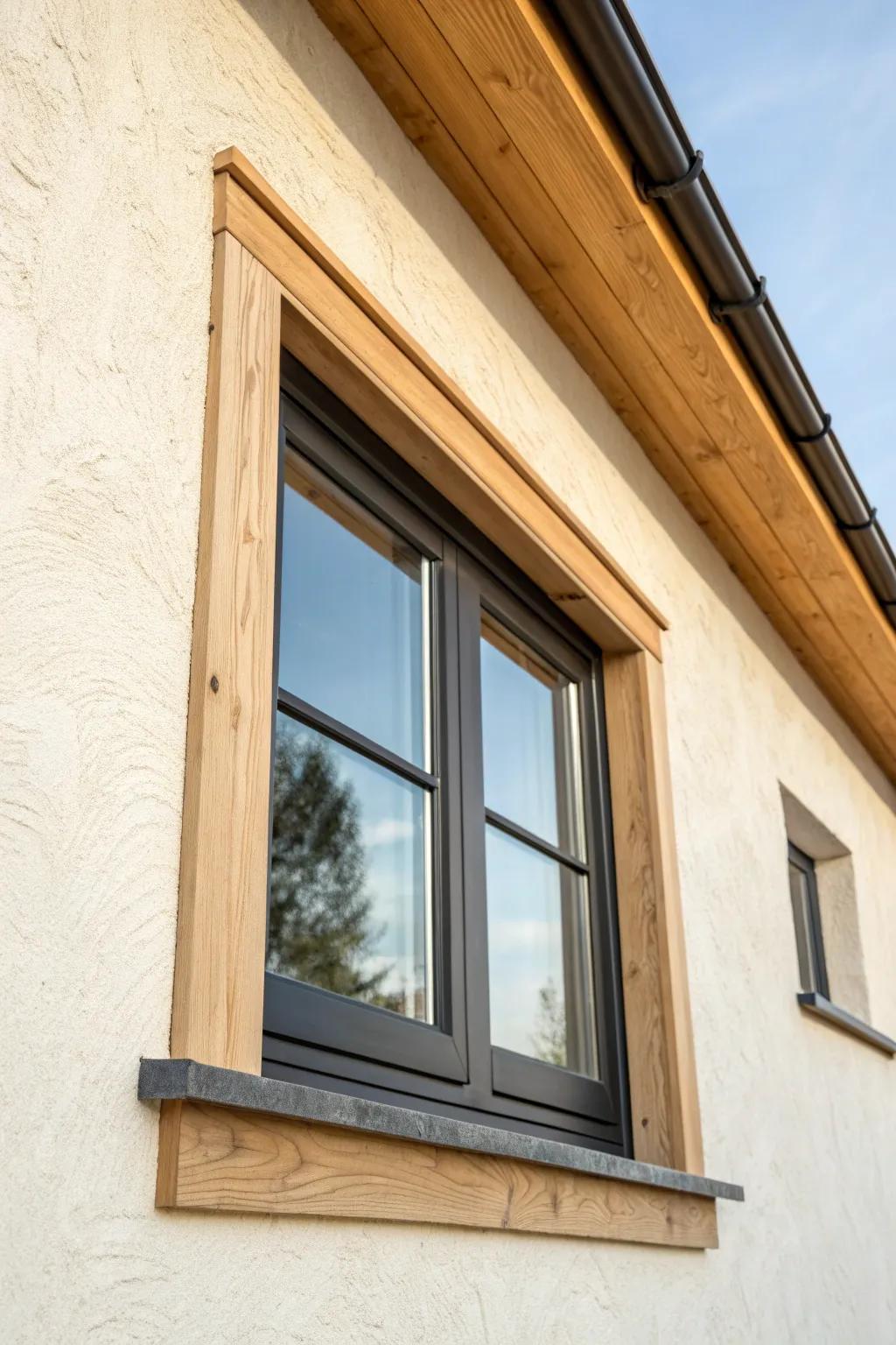 A simple flat wood header adds modern Craftsman structure with clean lines and warm grain.