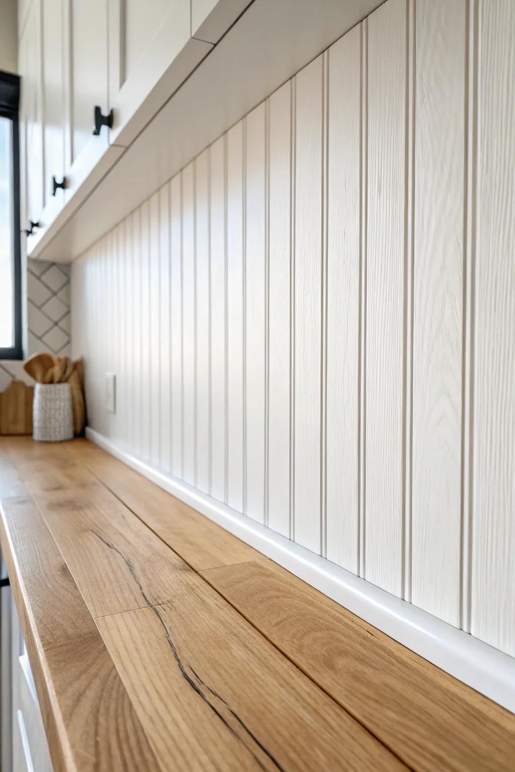 Vertical shiplap panels create a cleaner, taller-looking backsplash for modern farmhouse kitchens.