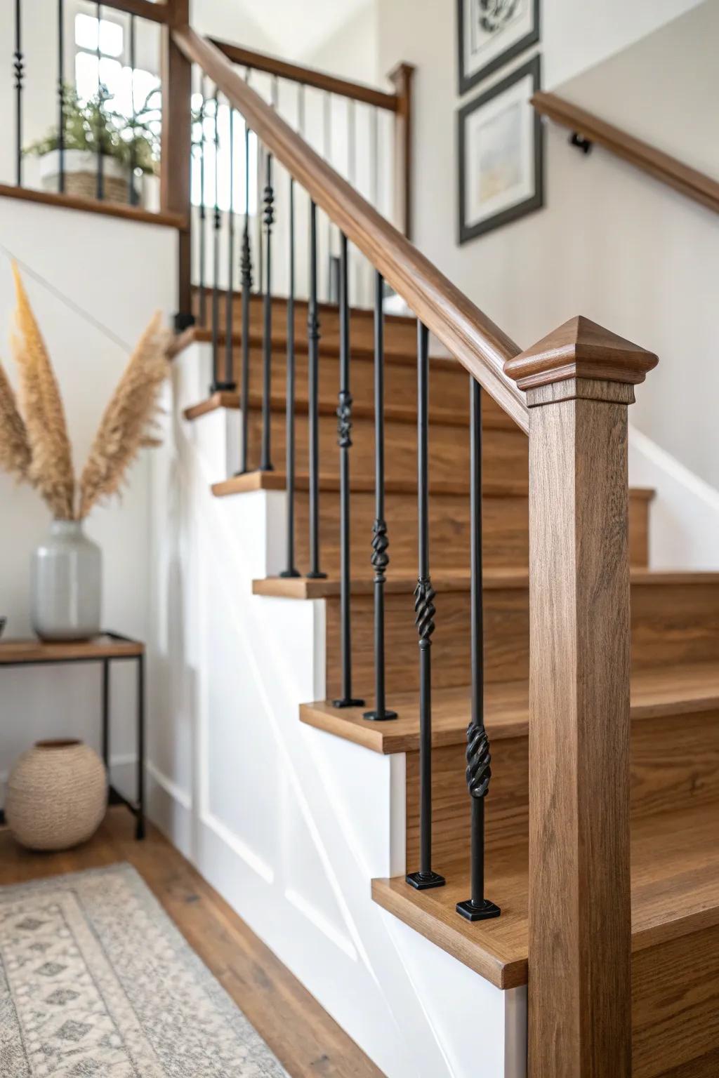 Modern farmhouse stair upgrade: matte black iron balusters with a warm wood handrail.