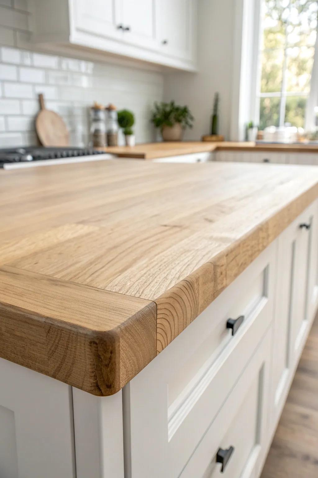 Pale oak countertop with subtle grain keeps a bright modern farmhouse kitchen soft and airy.