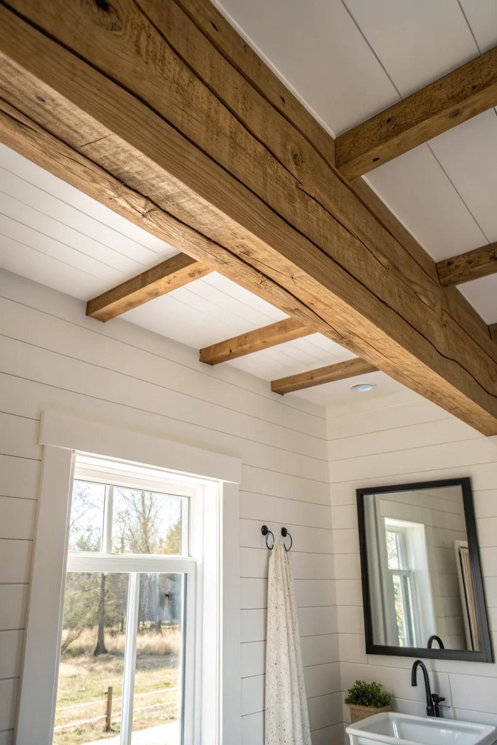 A warm oak beam on a crisp white ceiling adds height, texture, and farmhouse charm.