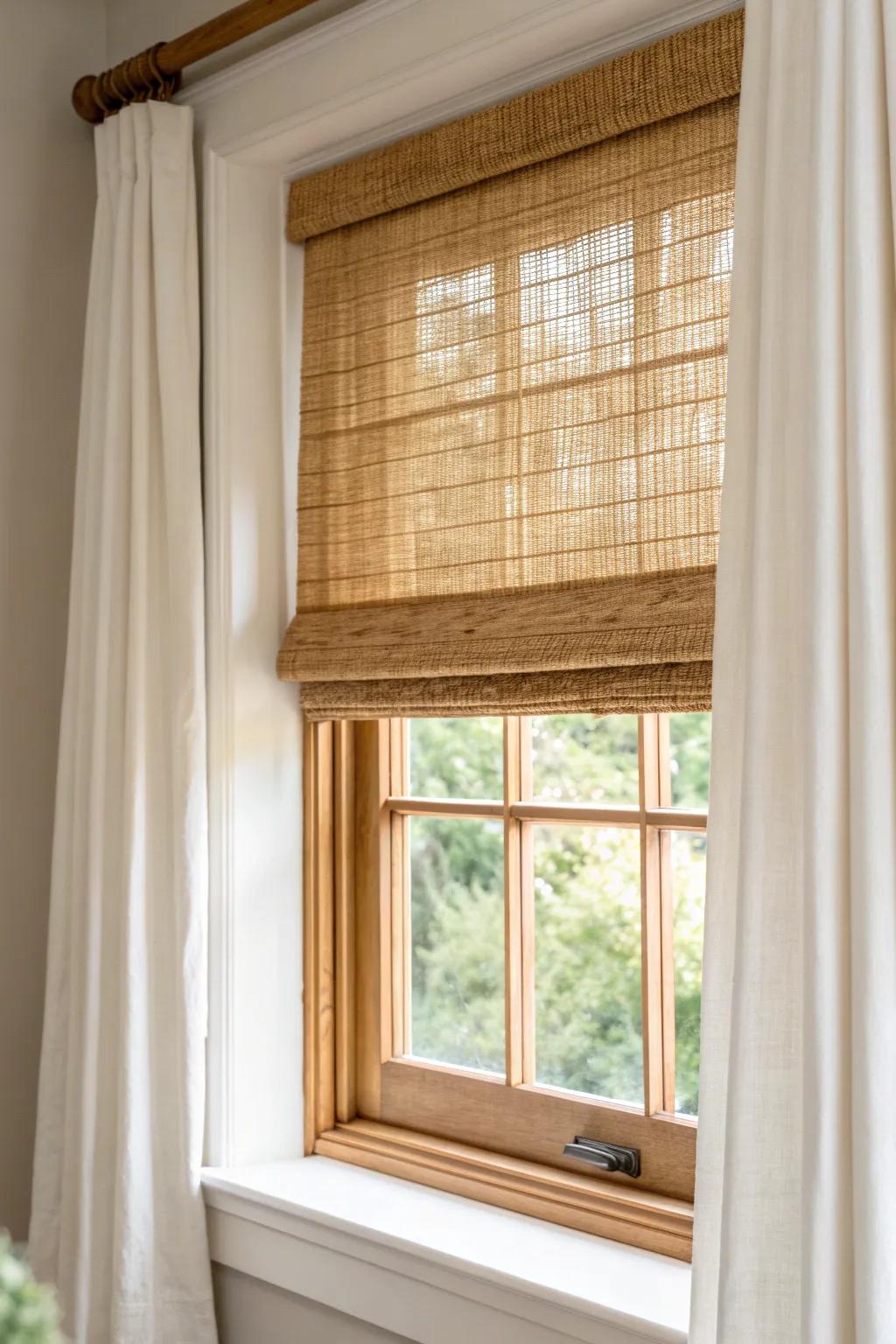 Natural woven shade + privacy liner: soft farmhouse glow with street-facing comfort.