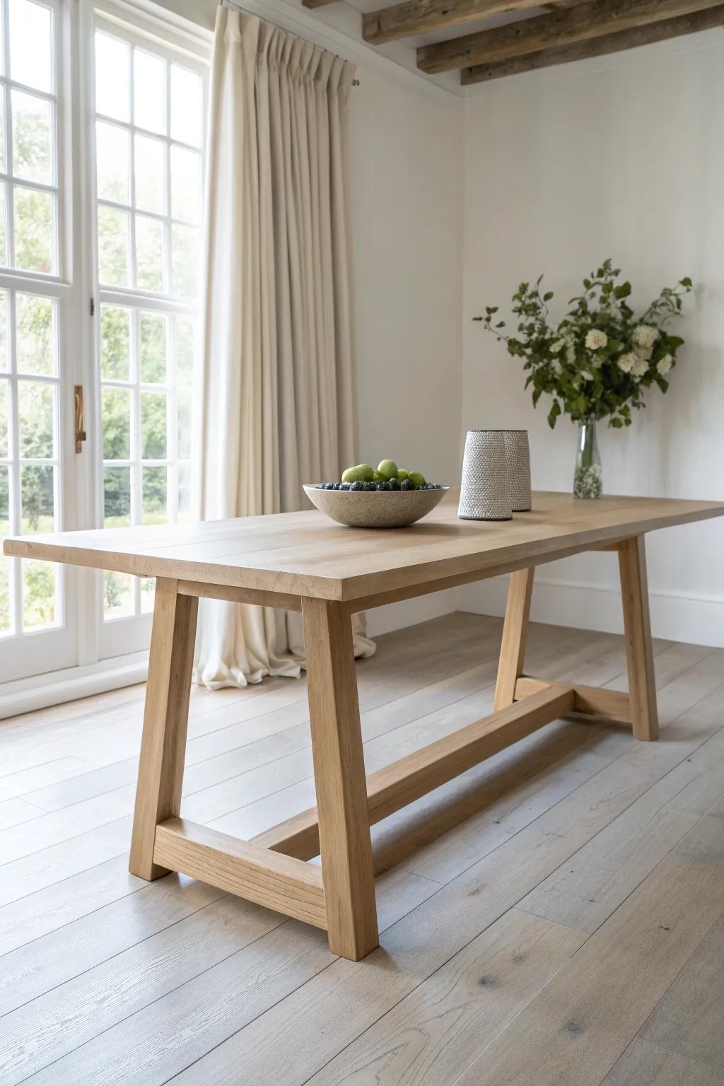 Modern trestle table with softly rounded edges—clean, inviting farmhouse minimalism.