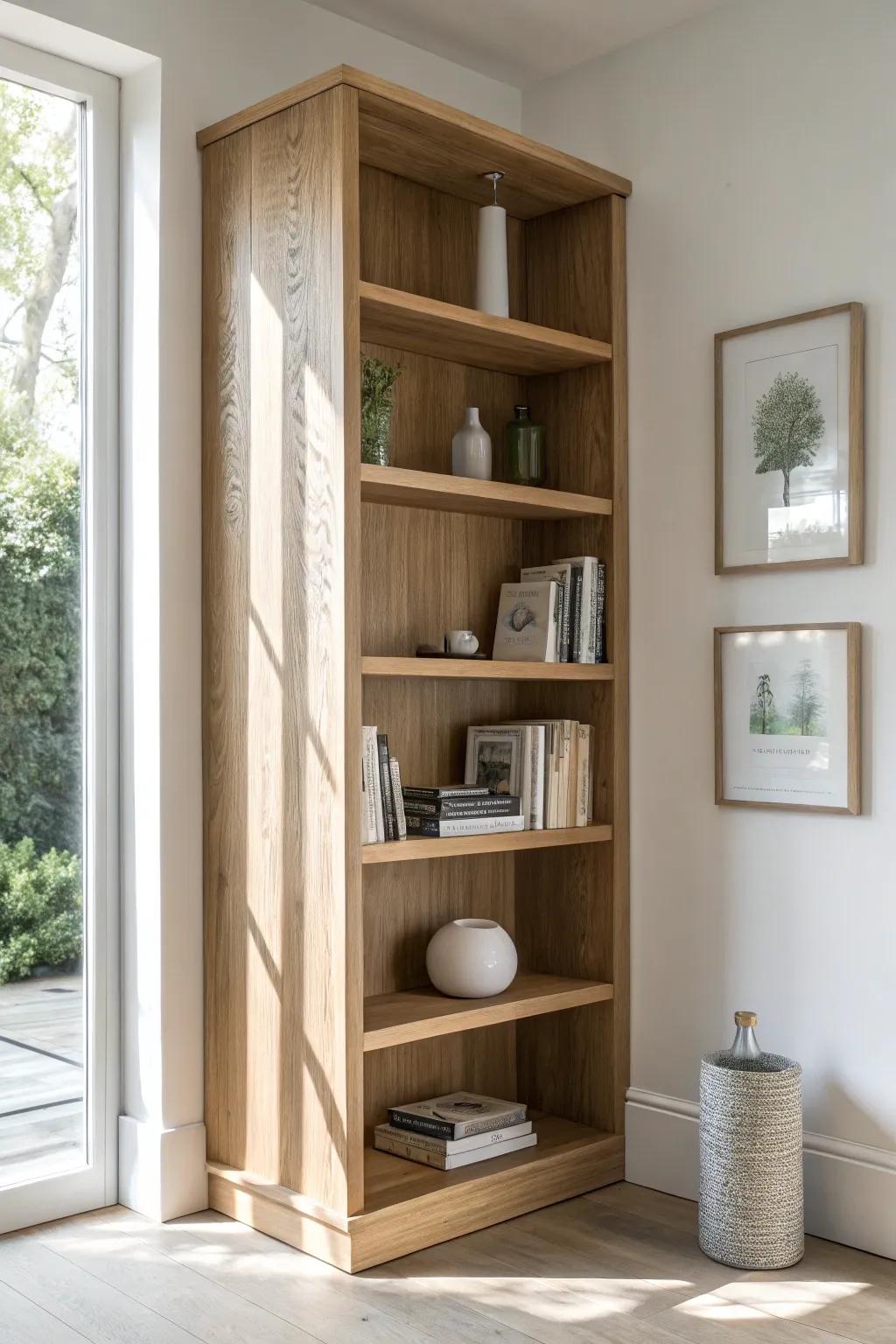 Wraparound corner shelves in pale oak—continuous lines that expand storage and calm the room.