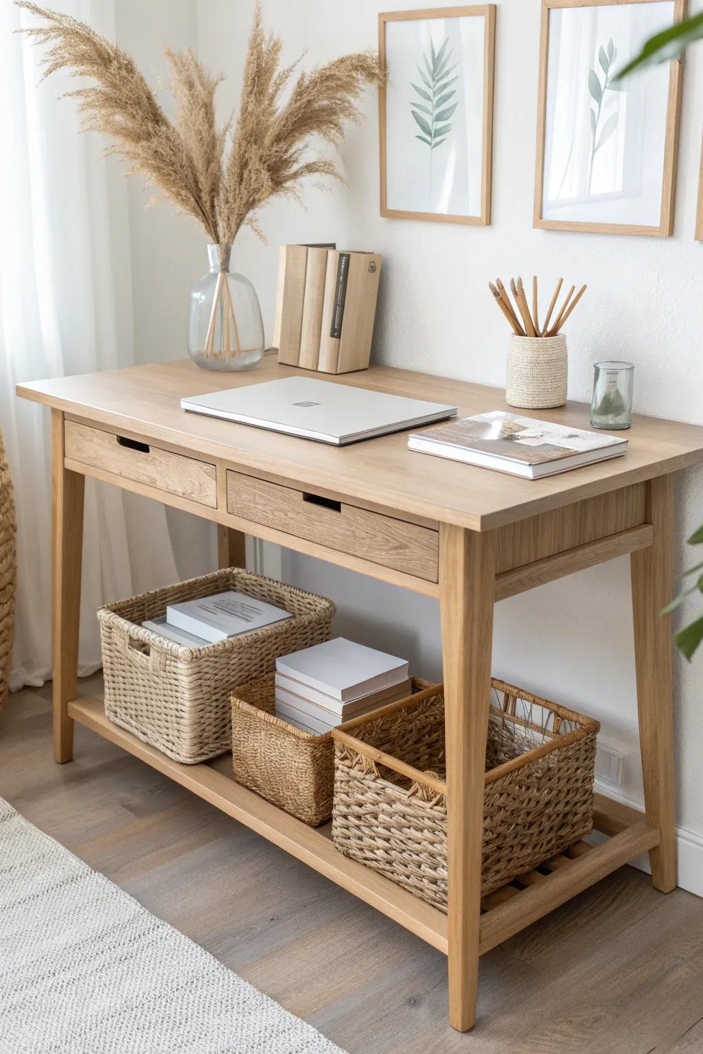 Light oak desk with open shelf base—airy storage for baskets and notebooks, beautifully minimal.