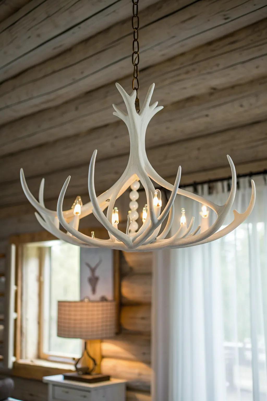 A sleek antler-inspired chandelier adds a modern log cabin wow moment—clean, warm, intentional.