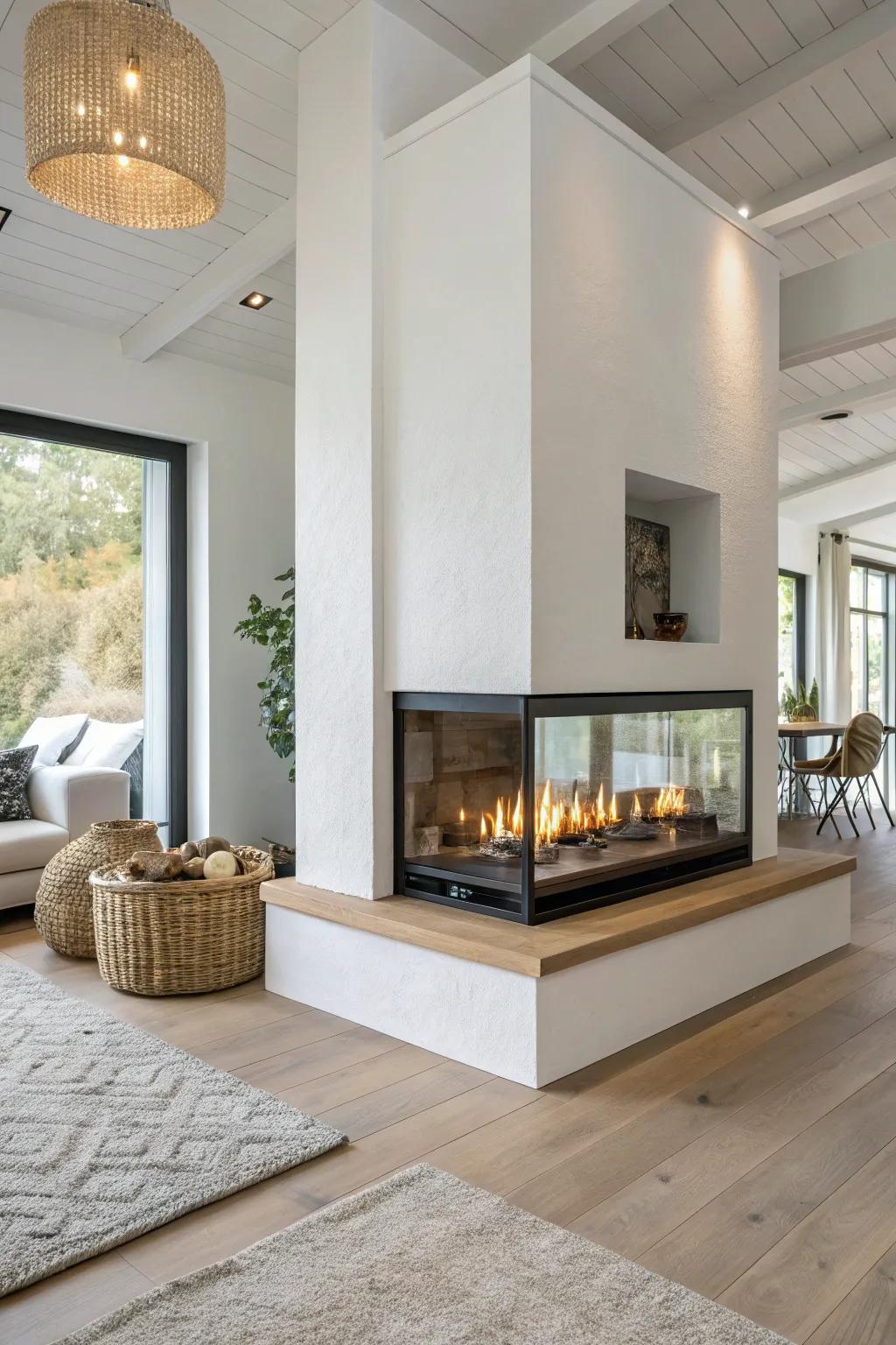 A two-sided fireplace room divider that elevates open-plan living with warm, modern luxury.