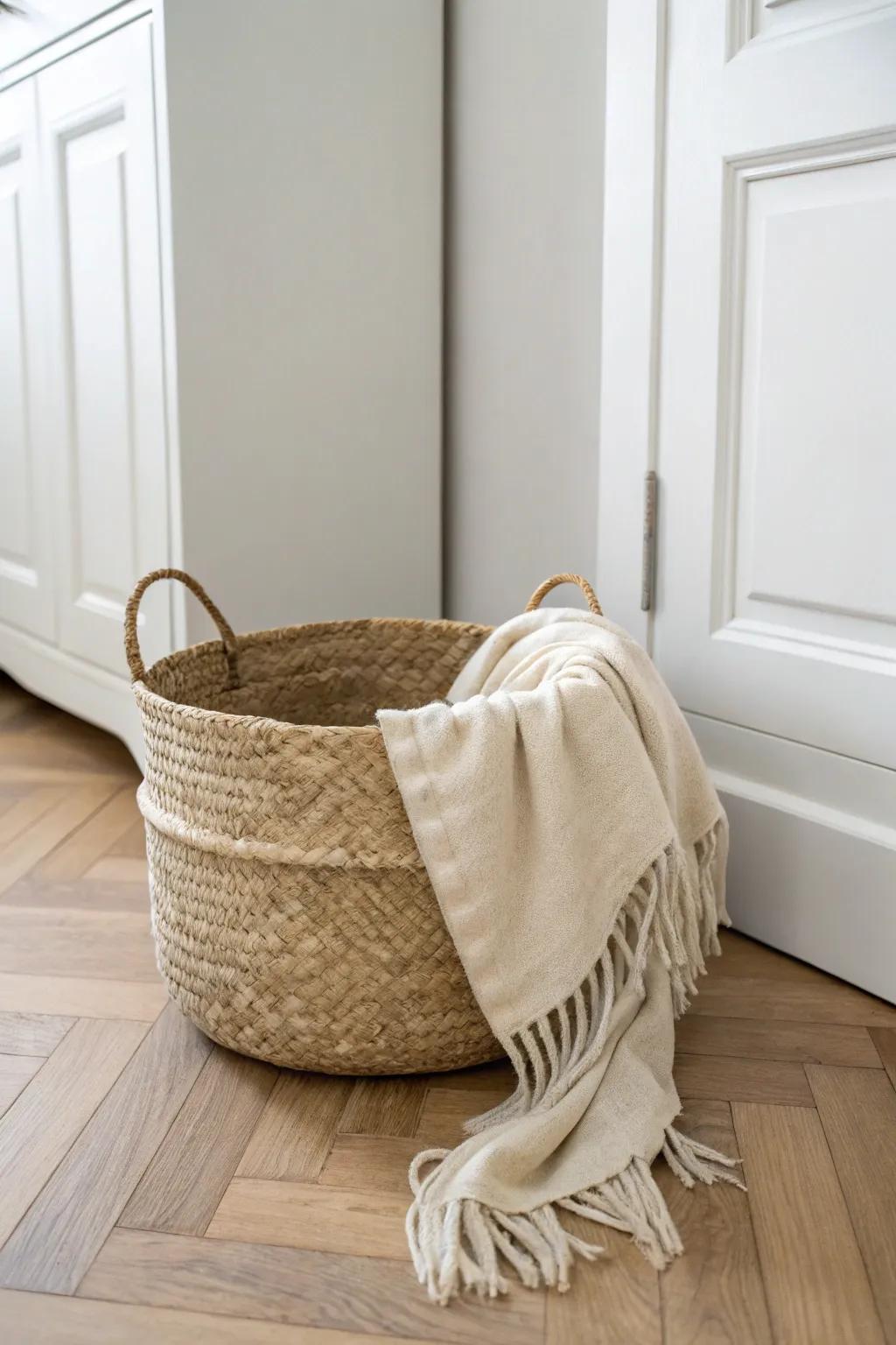 A woven basket + sleek closed cabinet keeps throws tucked away and the room calm and curated.