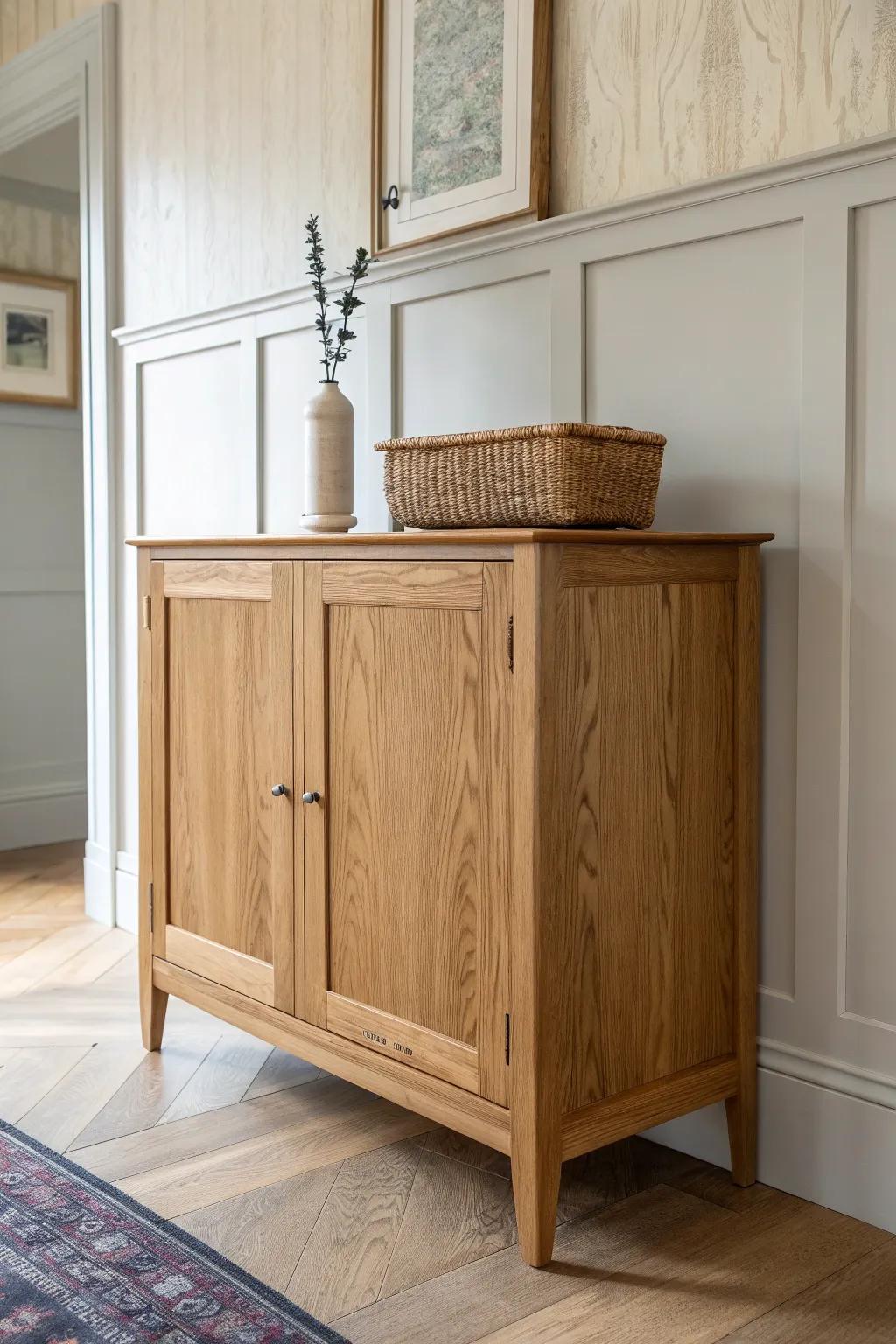Crisp painted trim + satin wood grain sideboard: the modern traditional contrast that feels designer.