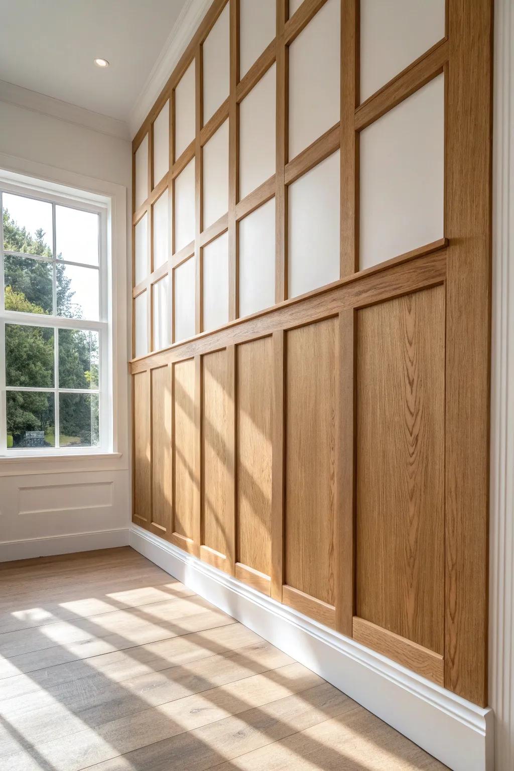Modern board-and-batten grid trim: clean squares, warm wood tones, big impact with zero clutter.