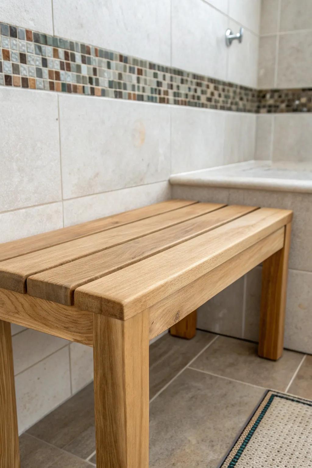 Handcrafted oak shower bench with a slim Tuscan mosaic strip at eye level—minimal, warm, timeless.