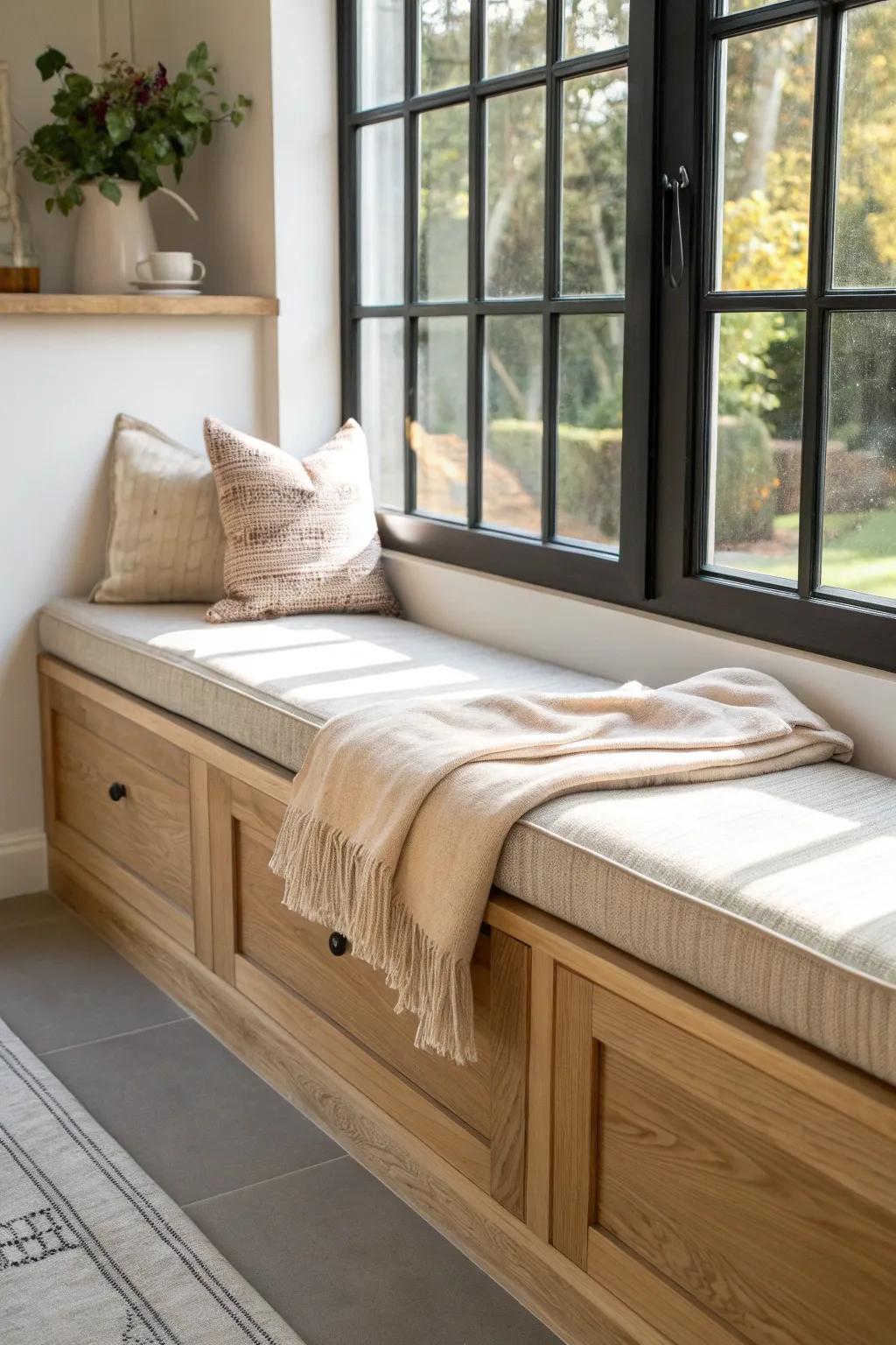 A sunlit kitchen window seat turns clean cabinetry lines into a cozy, modern breakfast nook.