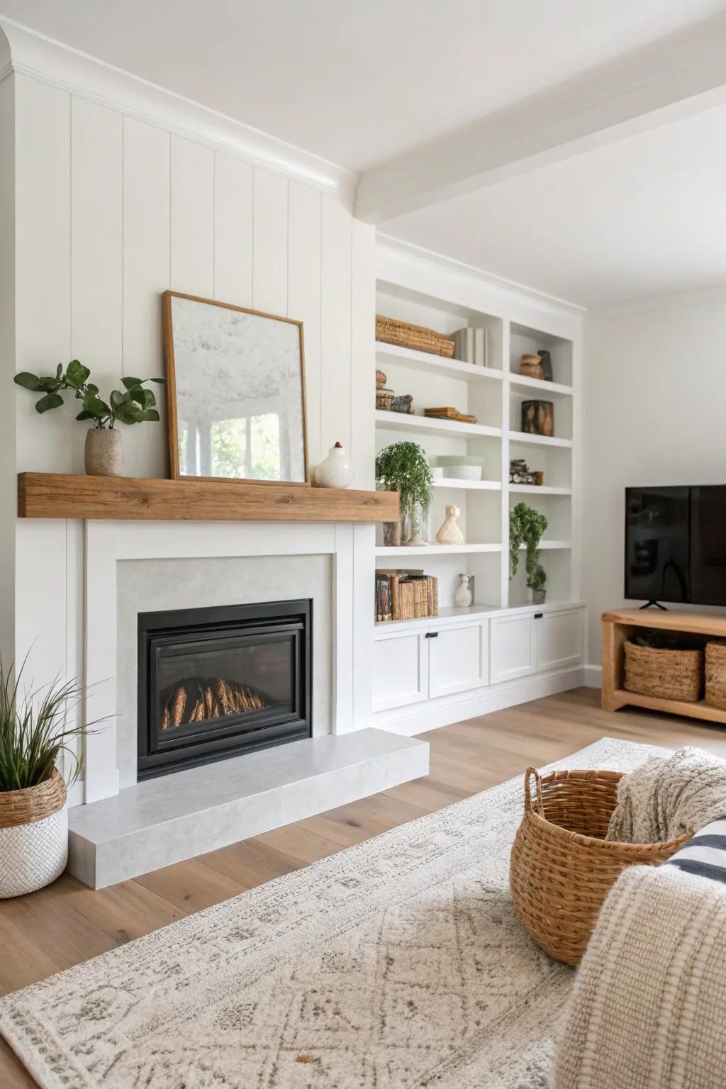 Symmetrical built-in shelves + a warm wood surround for a polished modern fireplace wall.