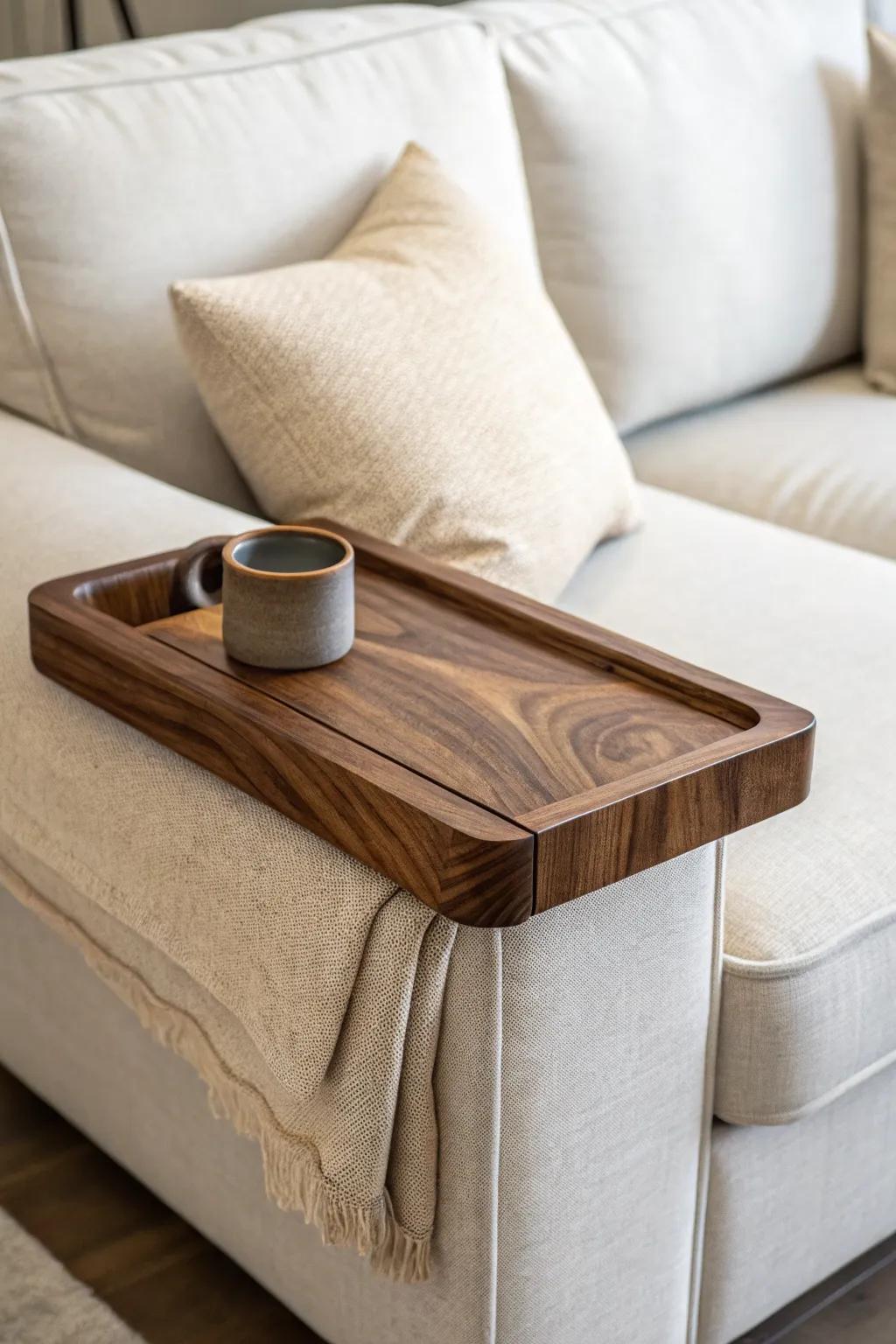 Clip-on walnut arm tray adds a custom, minimalist perch for drinks and phone on modular sofas.