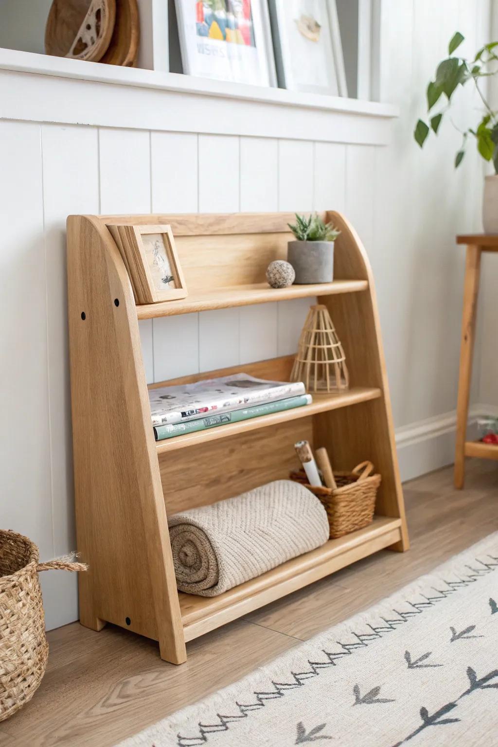 A tidy Montessori shelf idea: built-in side slot keeps the work mat stored and ready.