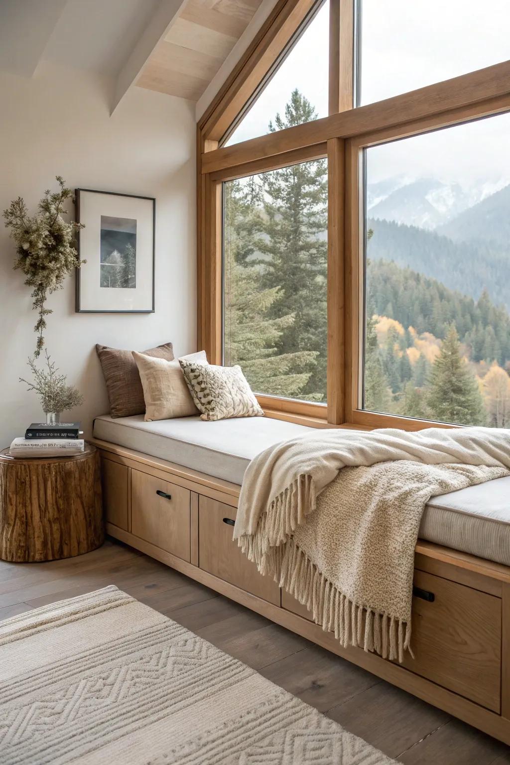 Built-in oak window seat with hidden storage—your minimalist mountain coffee nook.