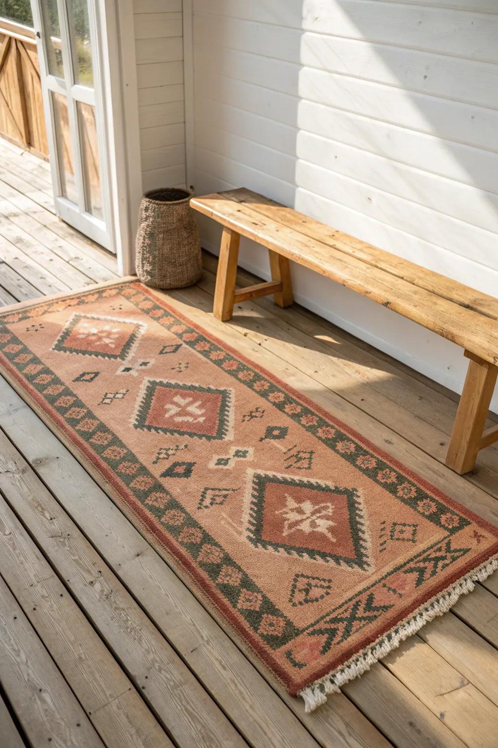 Ground your cabin with a warm vintage rug—earthy tones and geometry soften rustic wood.