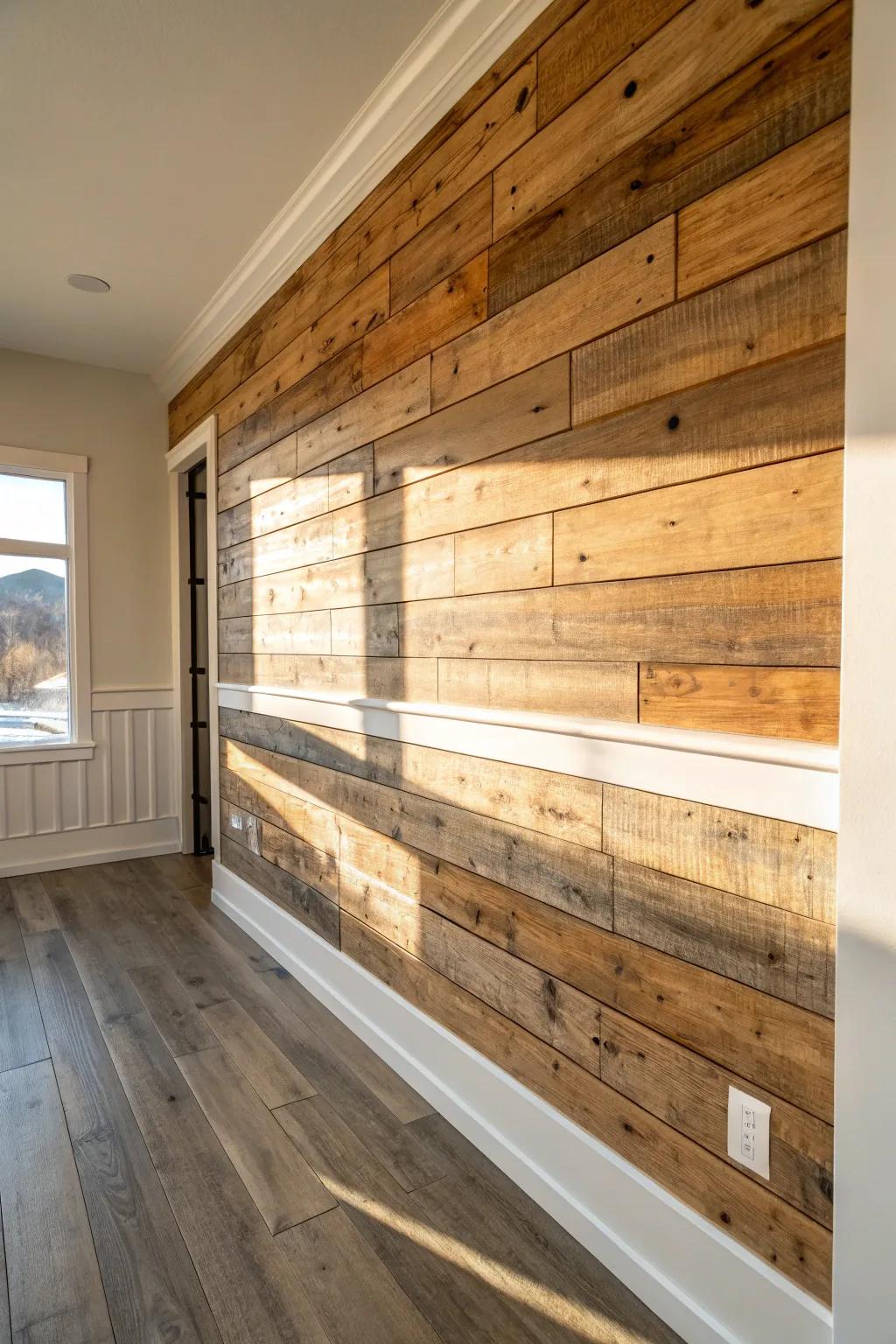 Instant cabin warmth: a matte reclaimed-wood accent wall that glows in late-afternoon light.