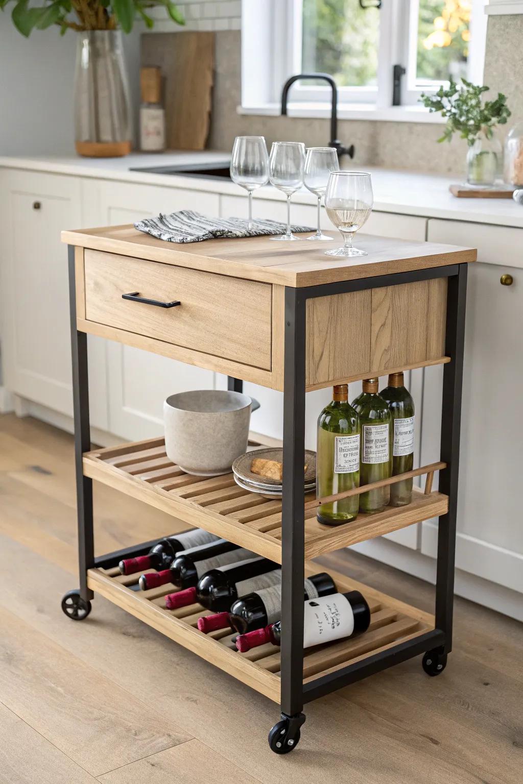 A rolling oak bar-cart island with wine rack and hanging glasses—prep, pour, and serve in style.