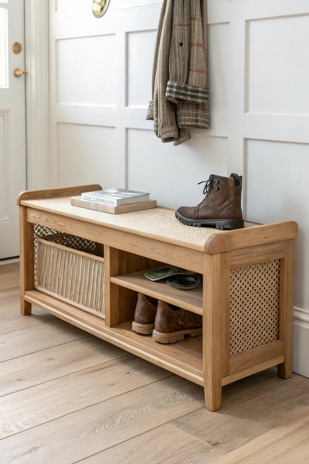 Minimal oak mudroom bench with pull-out shoe tray—keeps muddy boots contained and tidy.