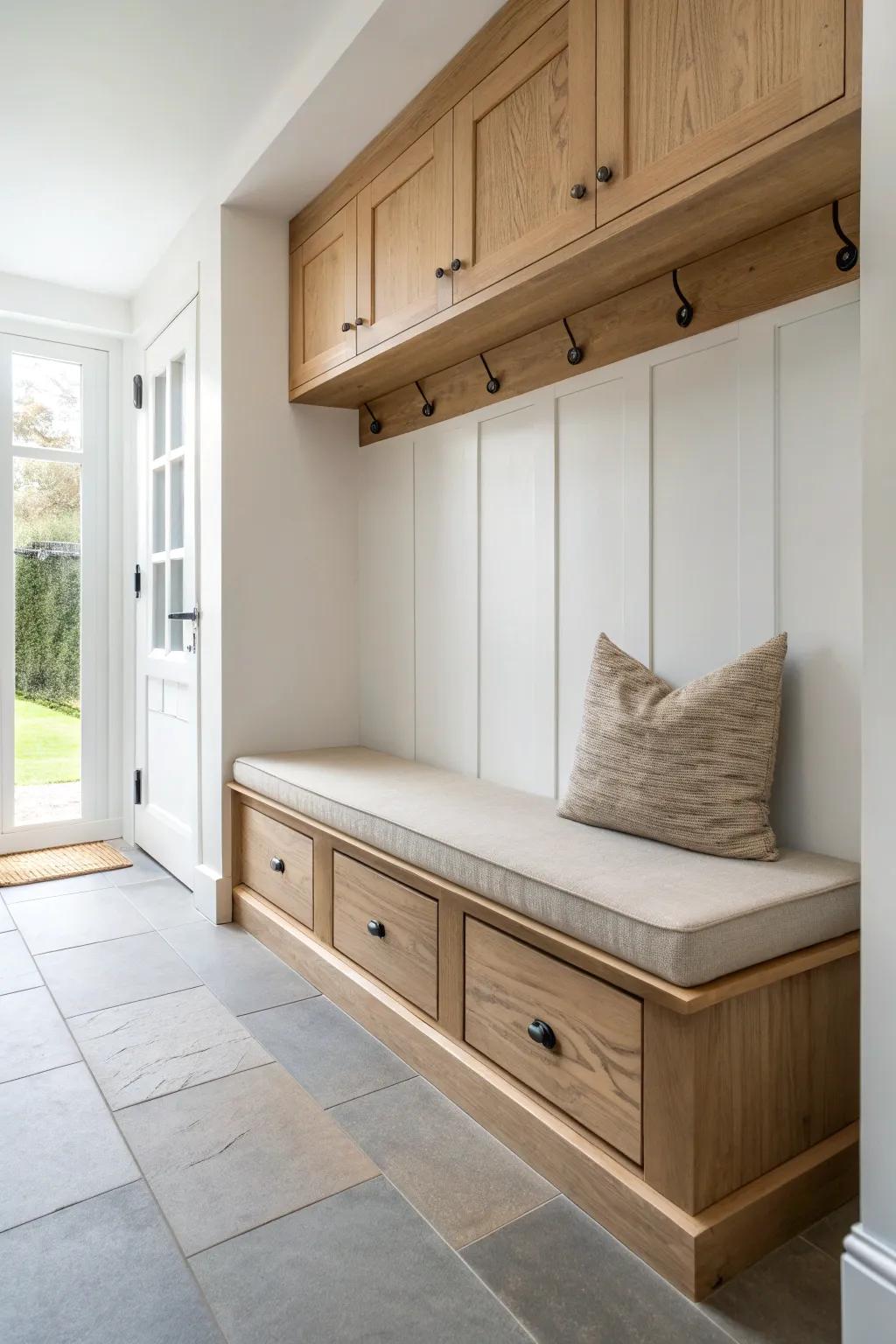 A space-saving floating oak bench that adds warmth and function to a narrow mudroom niche.