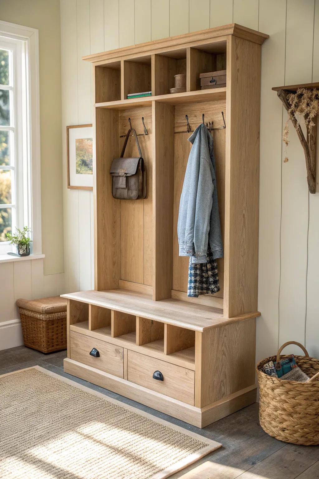 Kid-height hooks and low oak cubbies that make backpacks and jackets easy to grab.