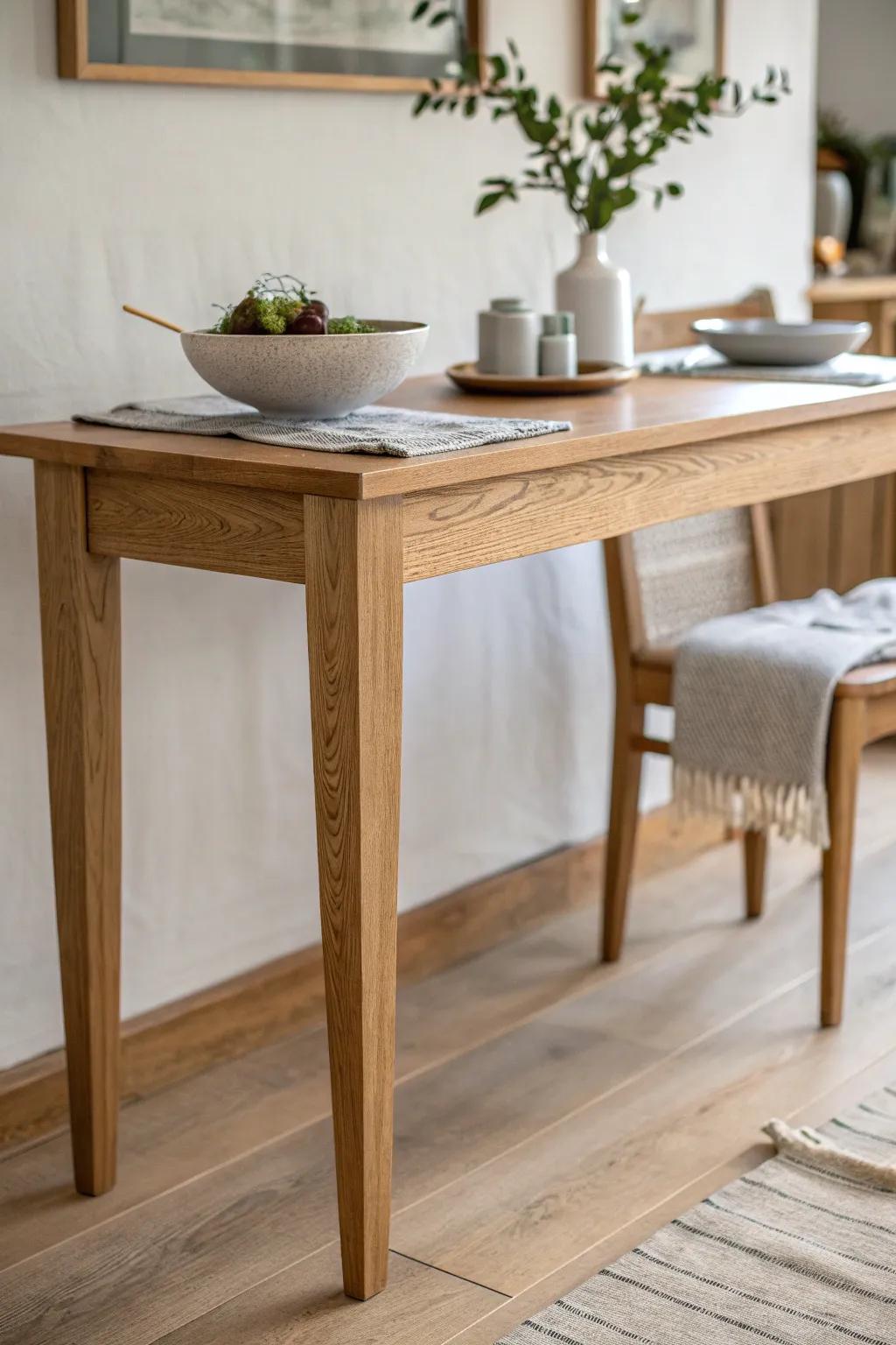 A slim wooden console becomes your prep-and-serve line—minimal, warm, and beautifully useful.