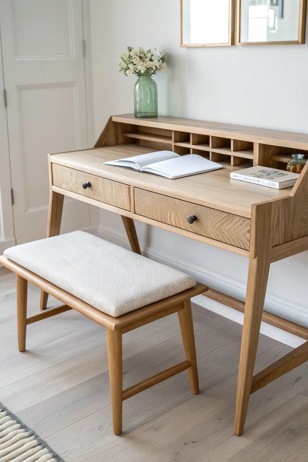 Flip-top entryway bench that becomes a clean writing desk—Scandi style for small-space living.