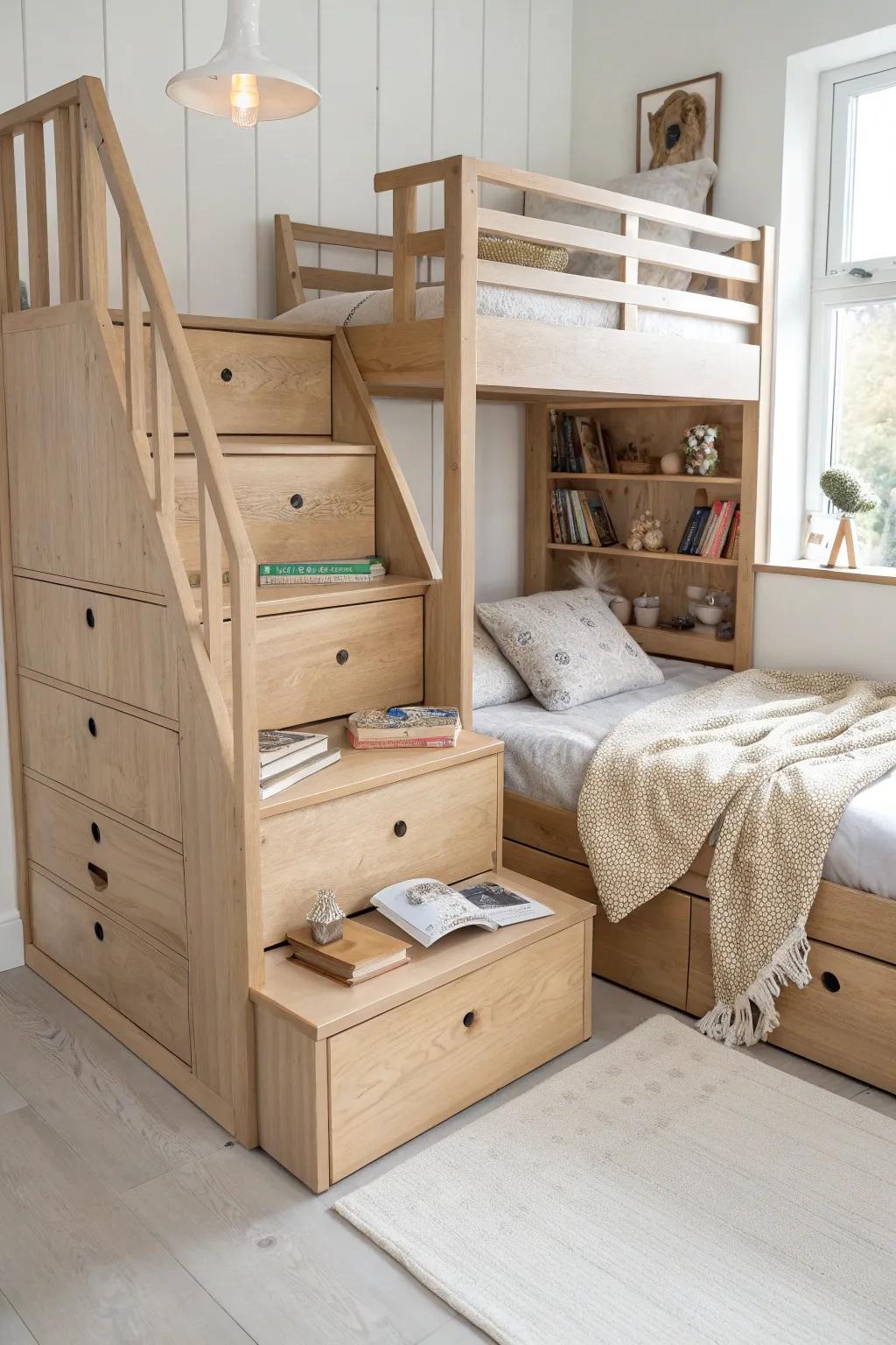 Storage stairs for shared rooms: safer than ladders, with drawers for blankets and books.